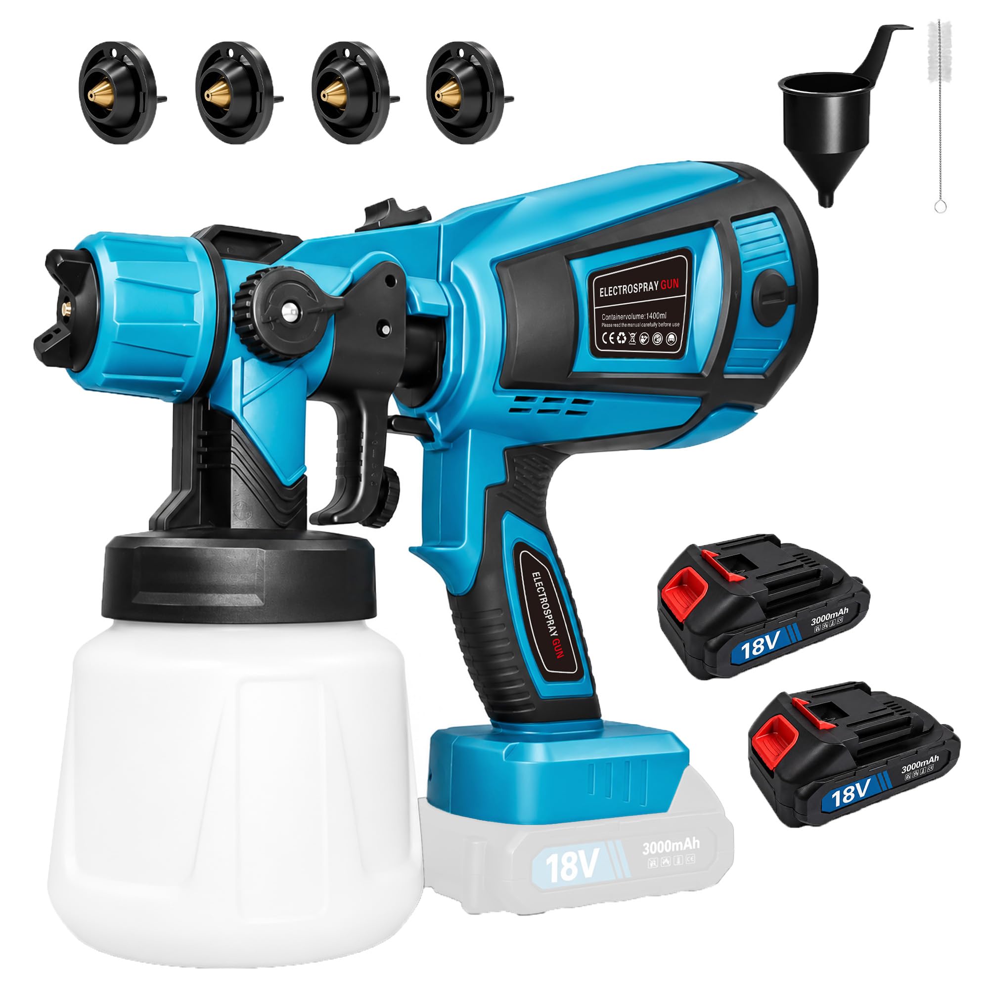 Cordless Paint Sprayer 18V Battery, Wireless Spray Gun with 32000 RPM Motor, 4Nozzles & 3 Spray Patterns, 1400 ml Tank (2X3.0Ah Battery) - Ideal for Wall Paint, Furniture, Fences