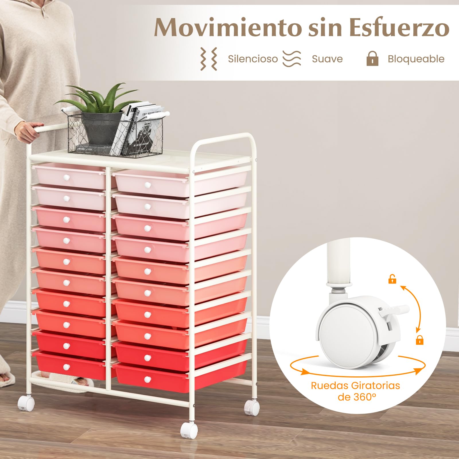 COSTWAY Carrito Auxiliar con Ruedas, Mueble Auxiliar Cocina con 20 Cajones Apilables, Carrito Organizador de Estructura Metálica para Cocina Oficina, Baño (Rojo)
