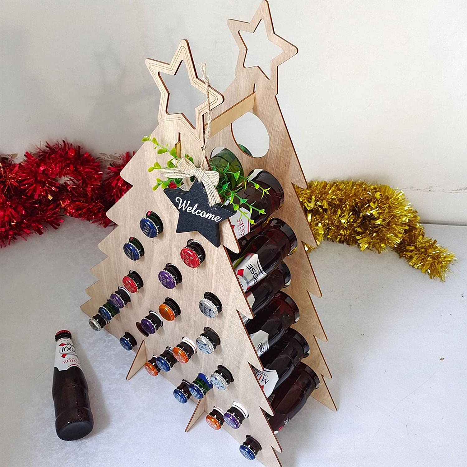 Árbol de navidad, Cuenta regresiva al calendario de la torre de la cerveza de la Navidad, naturaleza de madera del árbol de madera del calendario de adviento, mini botella de vino CALENDARIO DE ADVICU