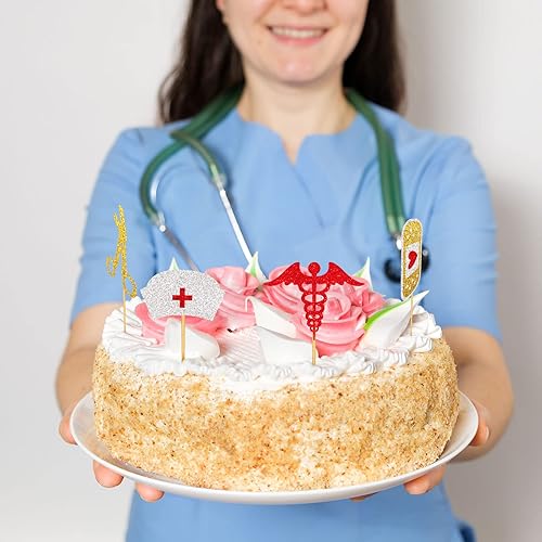 Miniatura 4 de Whaline 25 adornos para magdalenas de enfermera, con purpurina, para la escuela de enfermería, graduación, cupcakes, estetoscopio, latidos del