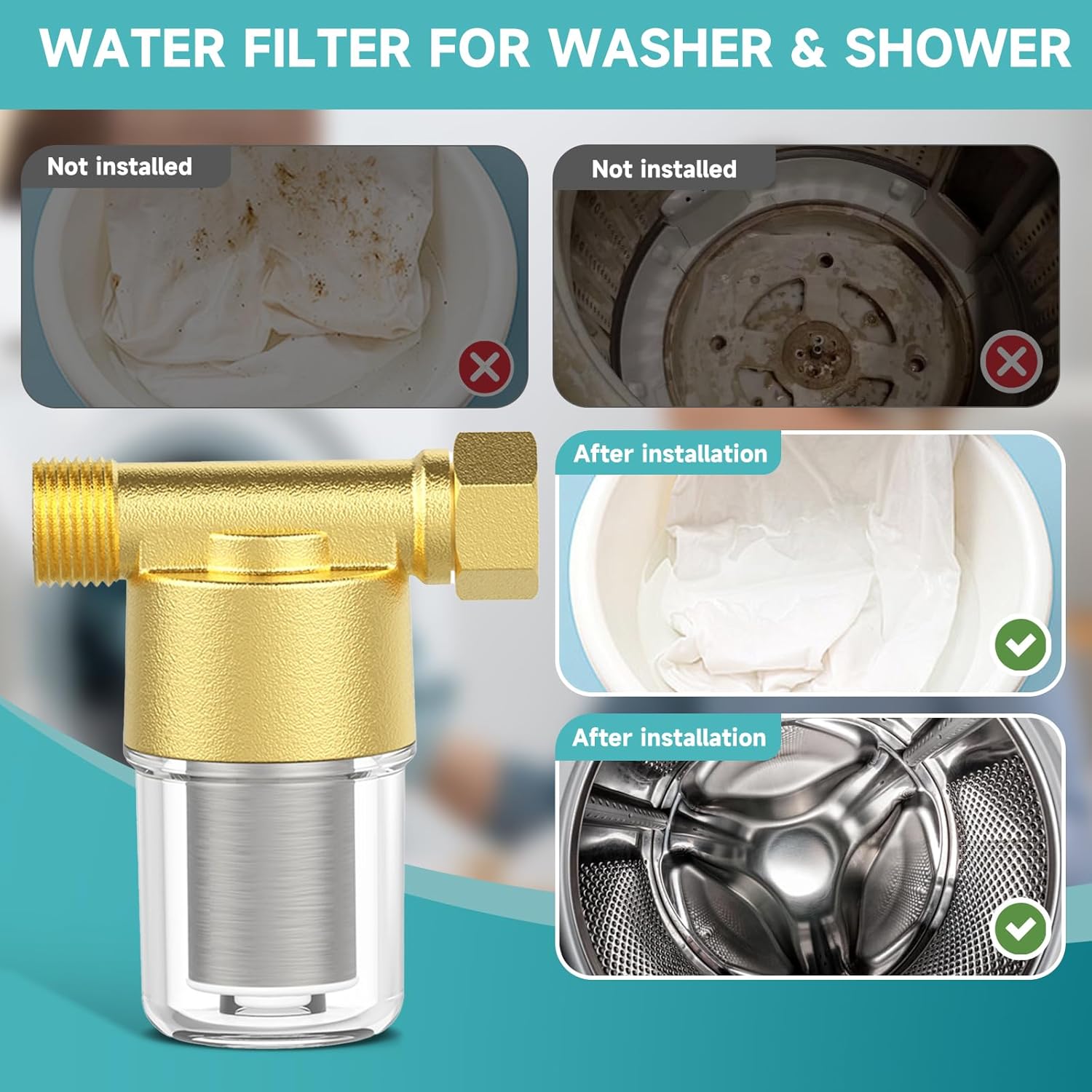Washing machine water filter, capable of filtering out impurities of 40 microns in water, protecting household appliances. Suitable for water heaters and showers, (aurichalceous)