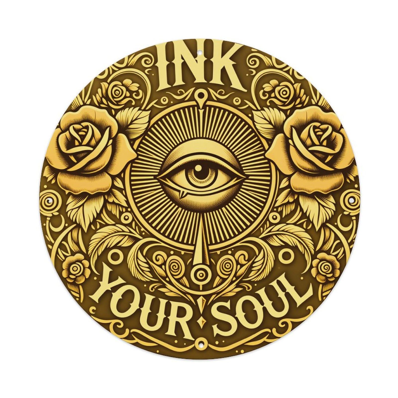 Golden Eye Rose Ink Pattern Round Tin Sign Vintage Style Metal Sign Home Bar Garden Wall Plaque Decor Metal Poster 8x8 Inch