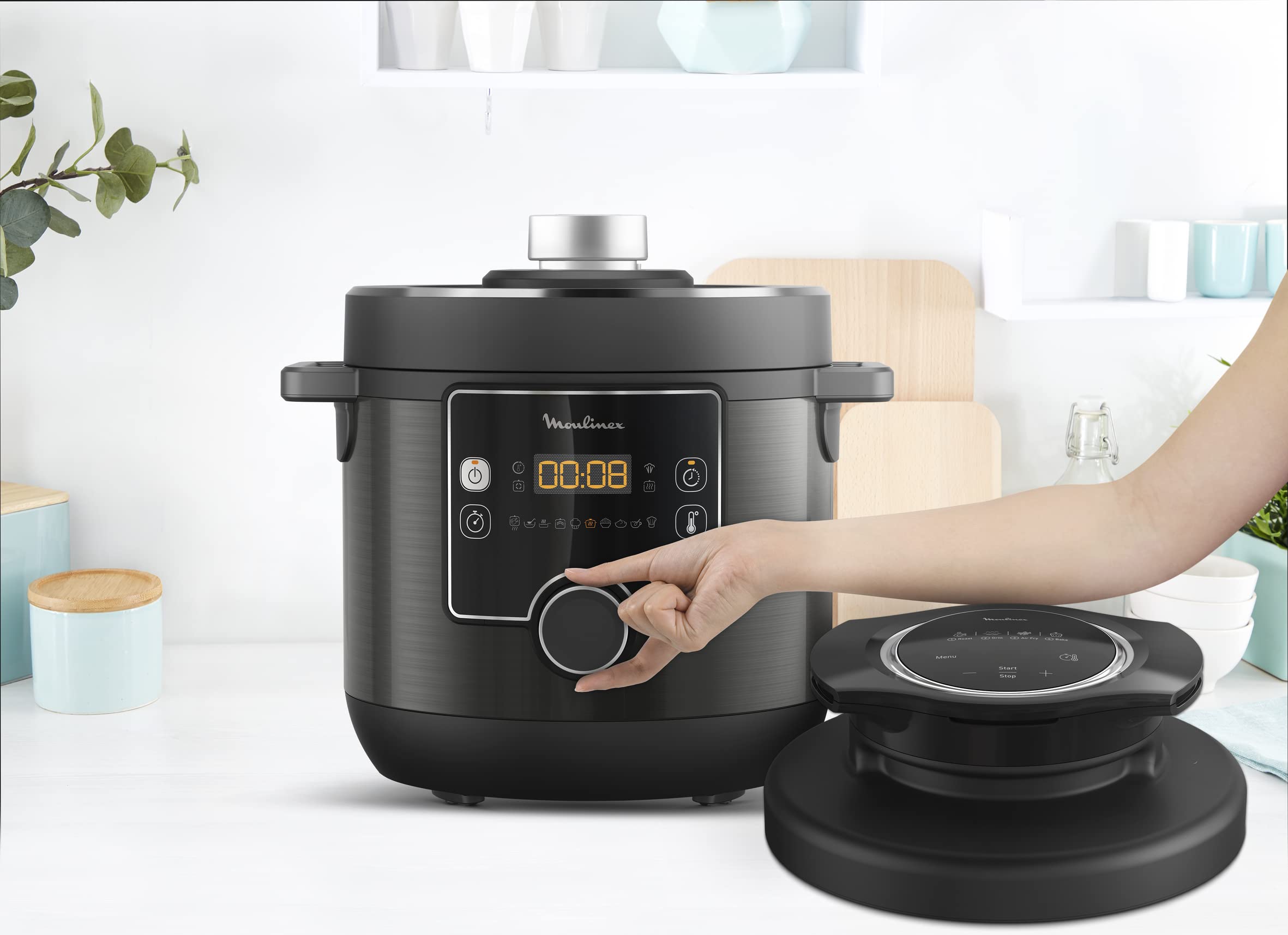 Moulinex CE7788 Turbo Cuisine et Fry Multicuiseur, Couvercle Turbo-Crisp multifonction, 15 programmes automatiques, Cuisson sous pression, Application, Louche incluse, Noir