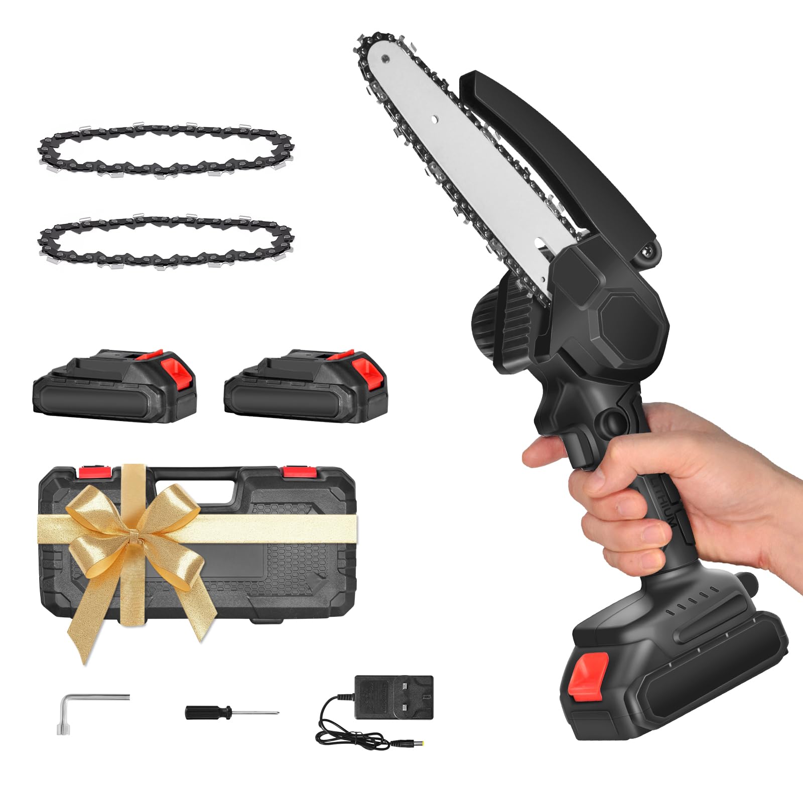 AIOMEST Mini Motosierra Bateria 8000mAh, 6 Pulgadas Motosierra Eléctrica 2 Baterías de Gran Capacidad y 2 Cadenas, Podar Arboles Motosierra de Mano Mini Motosierra Pequeña Para Jardin