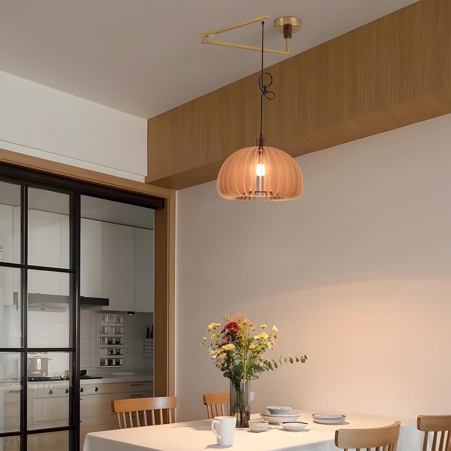 Skyblaze Adjustable Swing Arm Pendant Light Vintage Dining Room Light Flexible Hanging Light Fixtures Wood Pendant Light for Dining Room