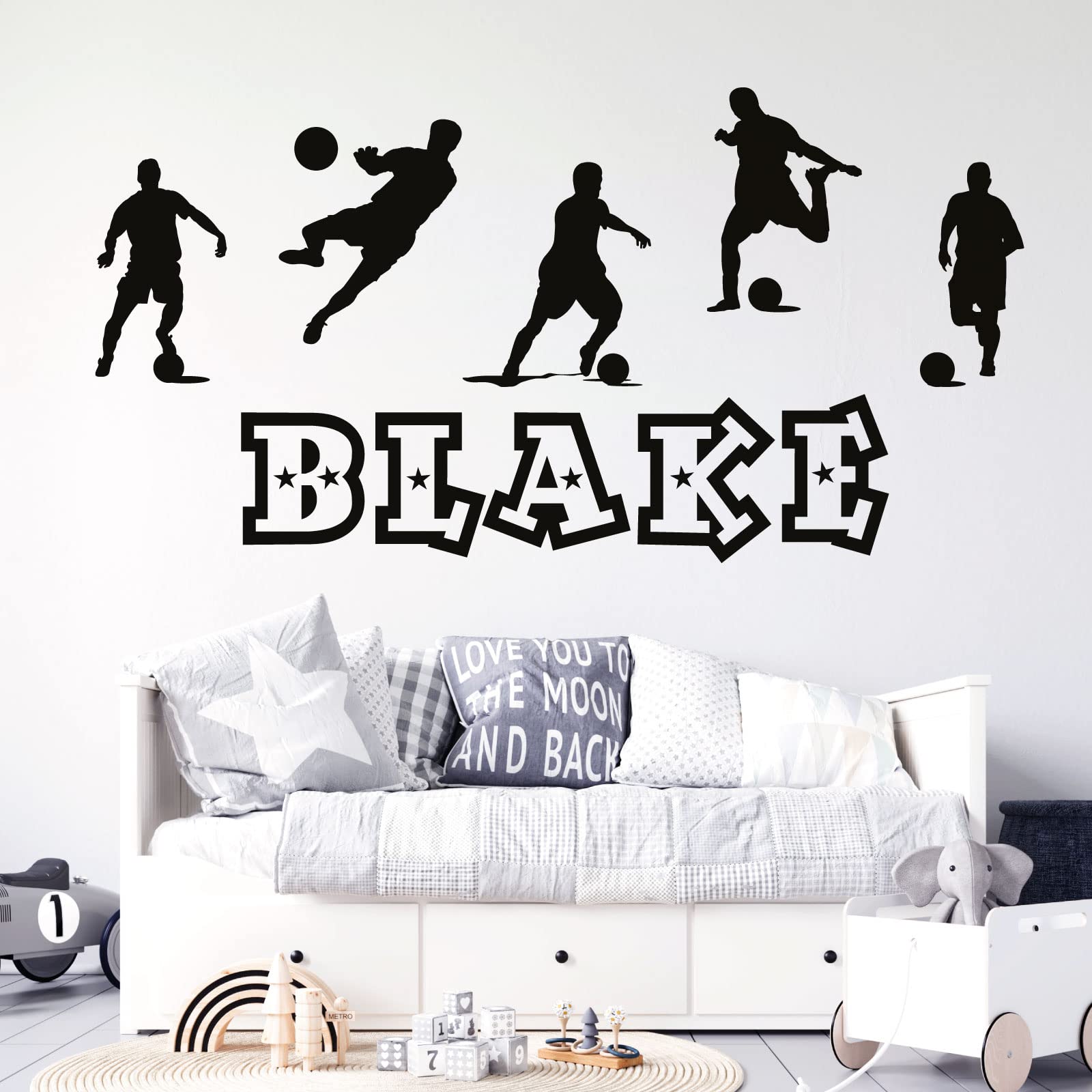 Personalised Name Boys Wall Art Sticker - Football, Soccer Game Silhouettes Theme [Medium] [Black]