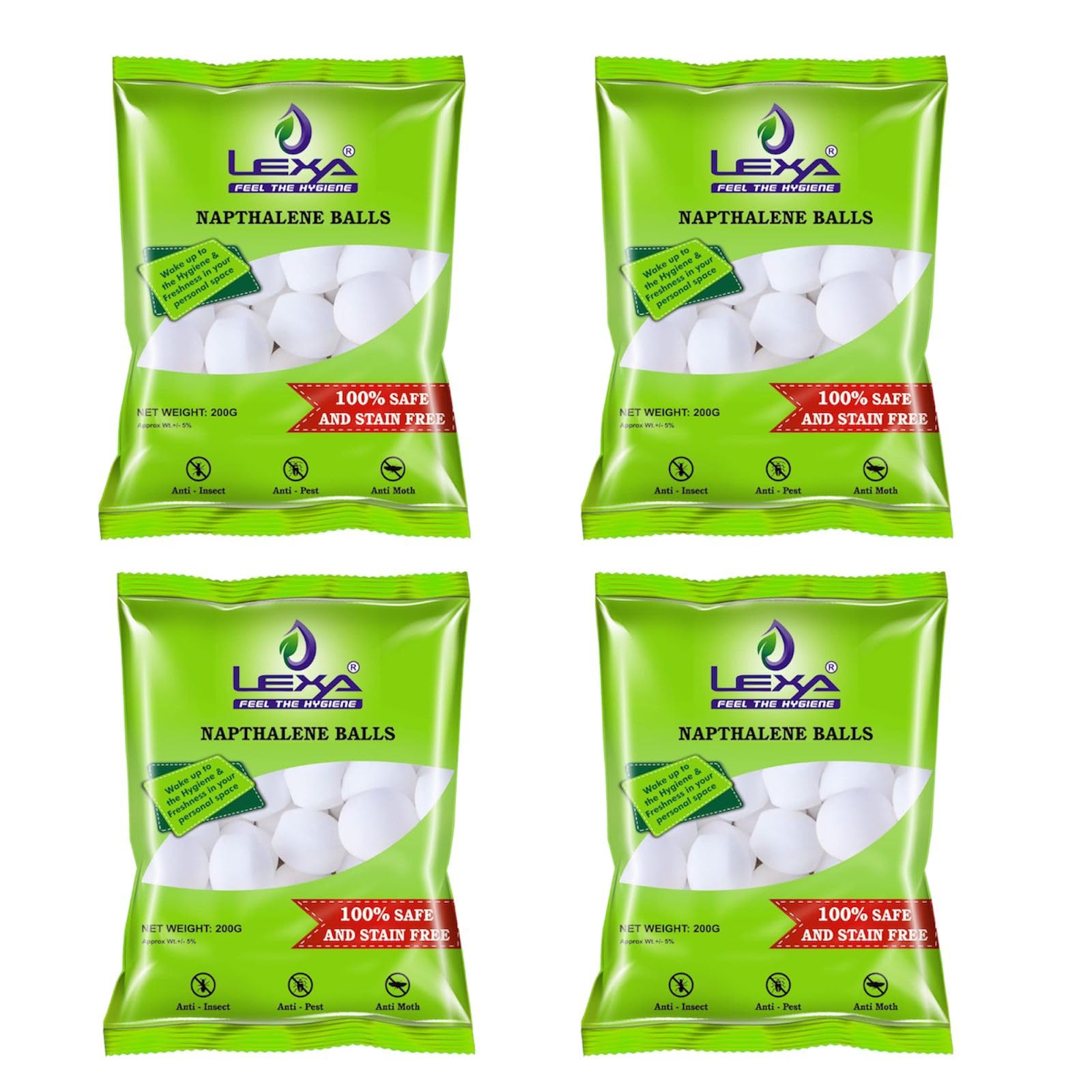 Lexa Naphthalene Balls for Clothes, Bathroom, Wardrobe, Moth Protection, Cocaroach, Urinal, Toilet, Basin, Kitchen, Pure Quality, 99.9% Safe & Stain Free, 200 Grams, White, Pack of 4