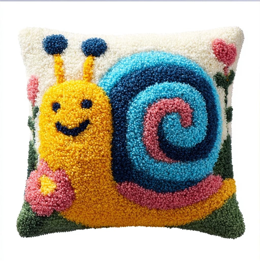 Taxpy Latch Hook Kits Pillow Smiling Snail 17X17 in Printed Canvas Cushion Crochet Yarn Needlework Hook Latch DIY Kit Embroidery Pillowcase Rug Cover Home Sofa Christmas Decoration