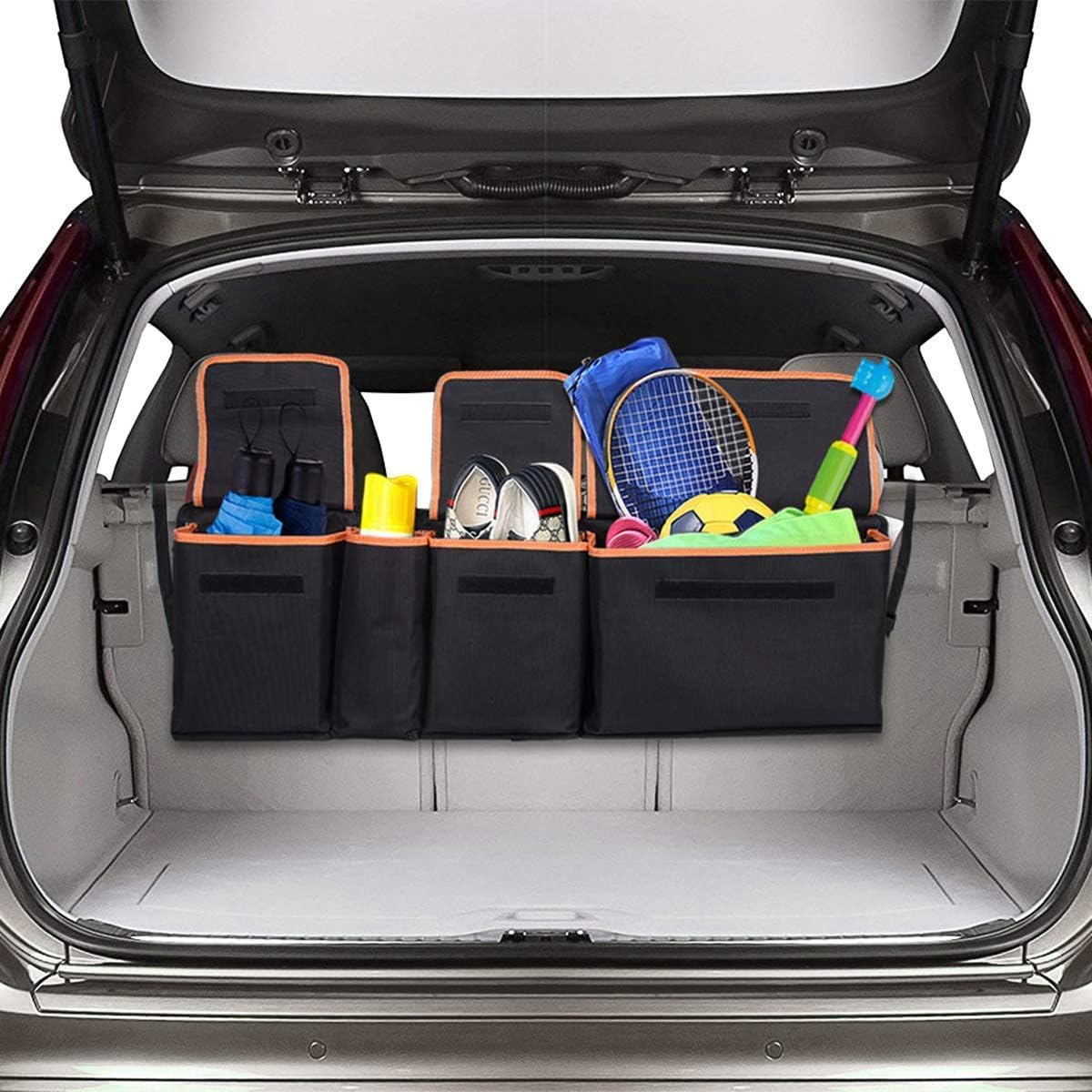 lanktoo Car Boot Organiser, Heavy Duty Car Backseat Organiser w/600D Extra Thick Oxford Fabric, Waterproof Base Plate, 4 Pockets, 5 Adjustable Straps & Rear Magic Strip, Black (L34.2xH10.9 in) ¡­