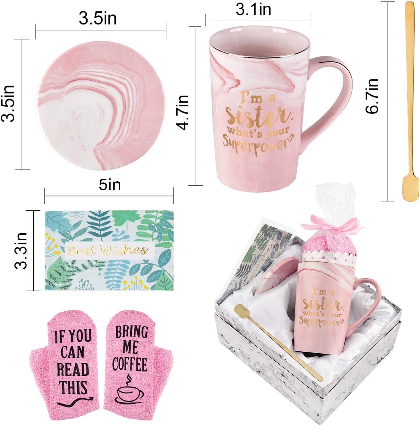 Best Deal Sister Coffee Mug I'm a Sister, What's Your SuperPower Funny Sister Gift for Sister Sis Sister Mugs for Birthday Christmas 14Oz Marble Coffee Mug with Exquisite Box Spoon Coaster Card Sock(Pink)