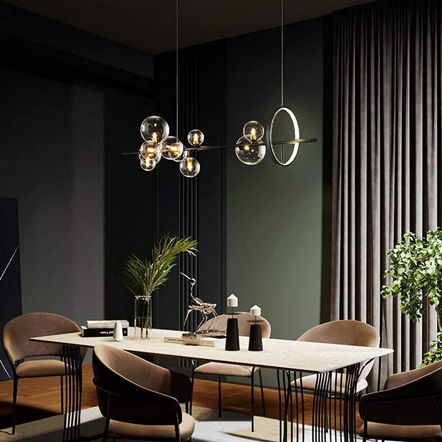 Lustre à Bulles En Verre Noir - 16 Branches LED - Hauteur Réglable 20-50 Cm - Pour Cuisine, Salon, Salle à Manger