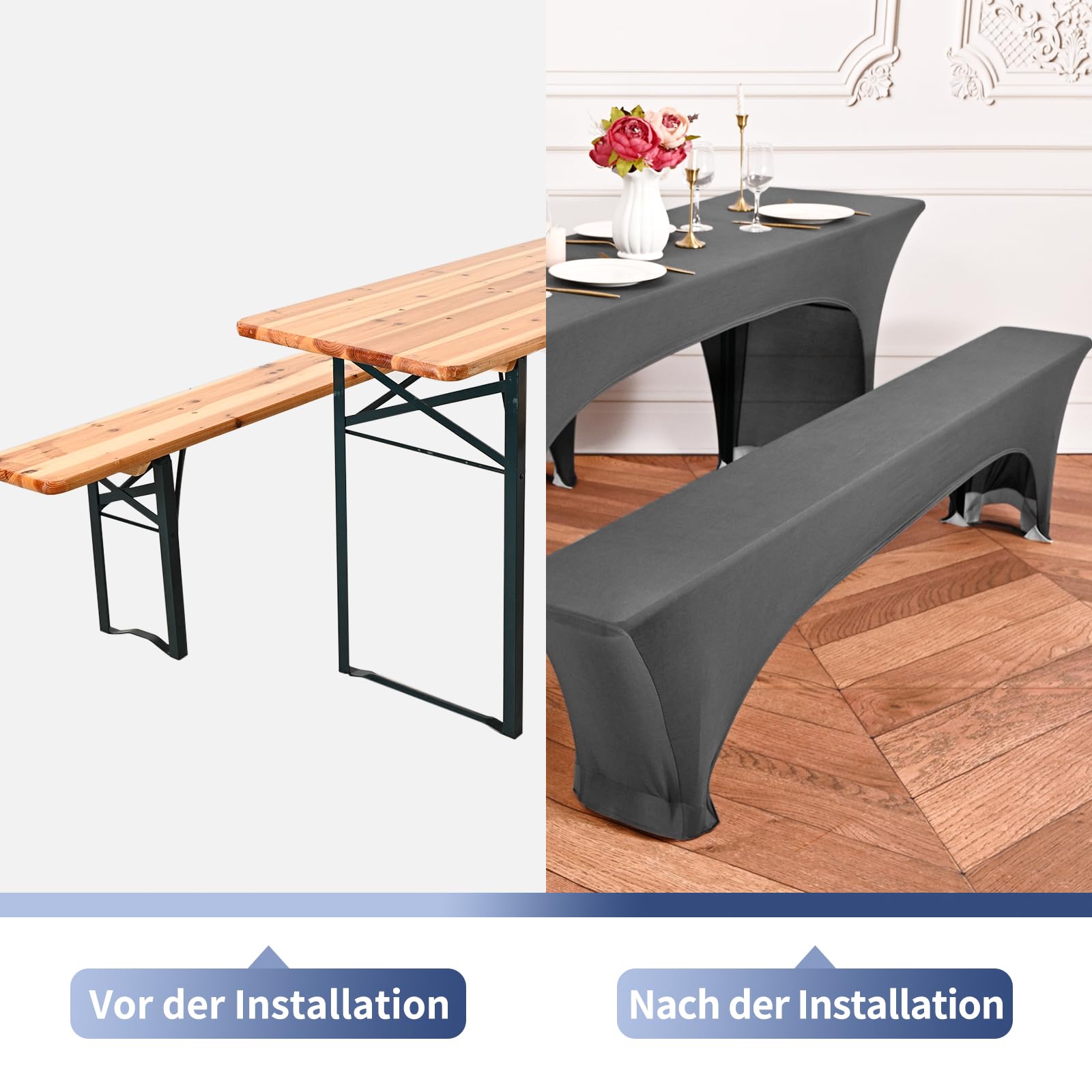 Zwei 3er-Sets Elastische Biertischhussen, Hellgrau Biertisch und Bankabdeckung,50 cm Tischbreite, 220 x 50 x 70 cm Bierzeltabdeckung für Bankett-Partys im Freien Bierbank