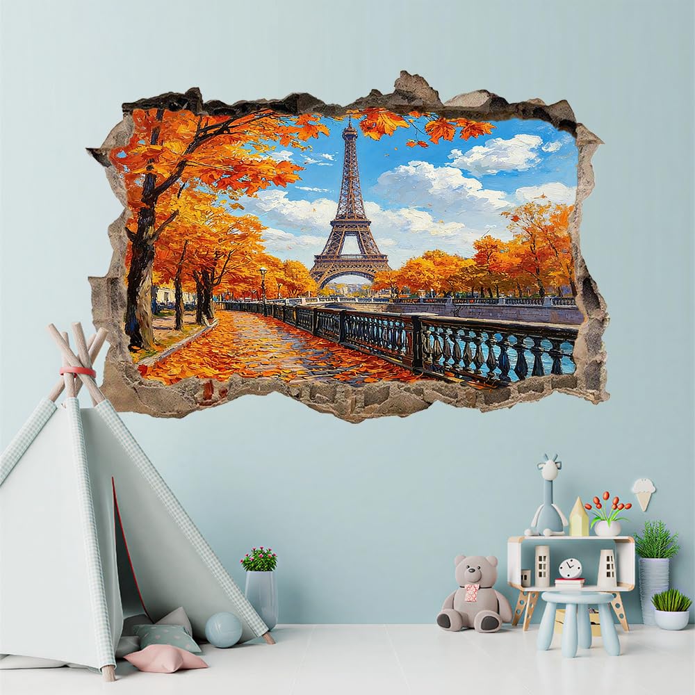 3D Wandtattoo I Wandbild Eiserner Turm Wandaufkleber I Wandsticker Durchbruch Herbstlandschaft Entlang Der Straße Poster Fensterblick I Wand Deko Aufkleber für Wohnzimmer Schlafzimmer Türaufkleber