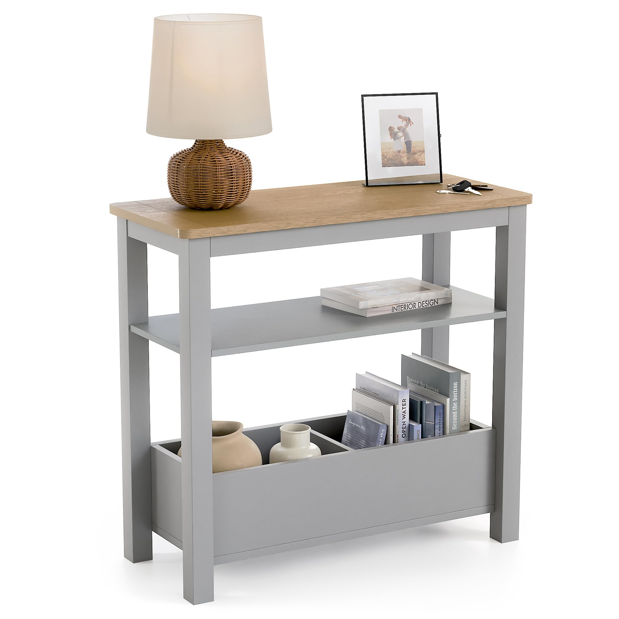 CHRISTOW Slim Console Table with Oak-Effect Top, Middle Shelf & 2 Storage Compartments, Side Table for Sofa, Living Room, Hallway & Small Spaces, Sturdy MDF, Grey Finish, H60cm x W65cm x D28cm