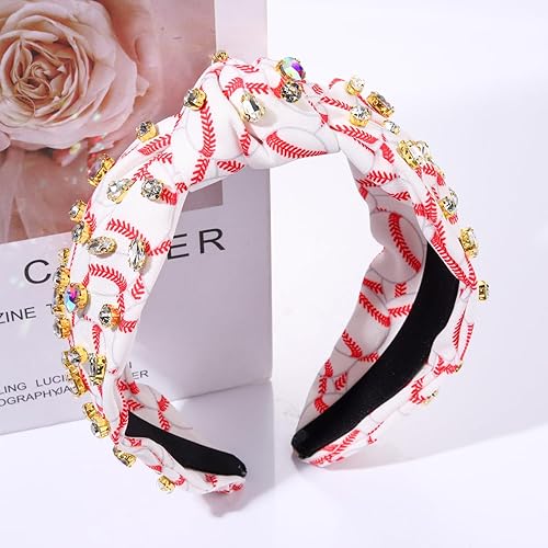 Miniatura 5 de mokkia Diadema de béisbol con diamantes de imitación anudada para mujer, diadema estampada con nudo superior ancho, diadema adornada con joyas