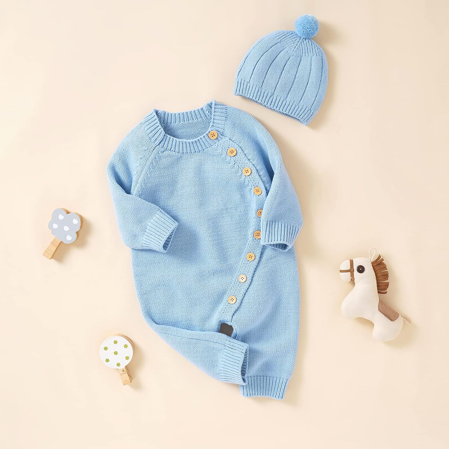 Newborn Baby Boy Girl Footie Romper Waffle Knit Side Button Jumpsuit Infant Sweater Coverall with Hat - Image 3