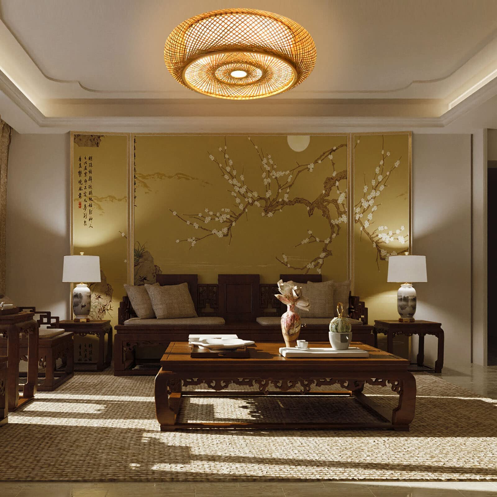 16"Vintage Woven Bamboo Ceiling Lights Rattan Flush Mount Ceiling Light ...