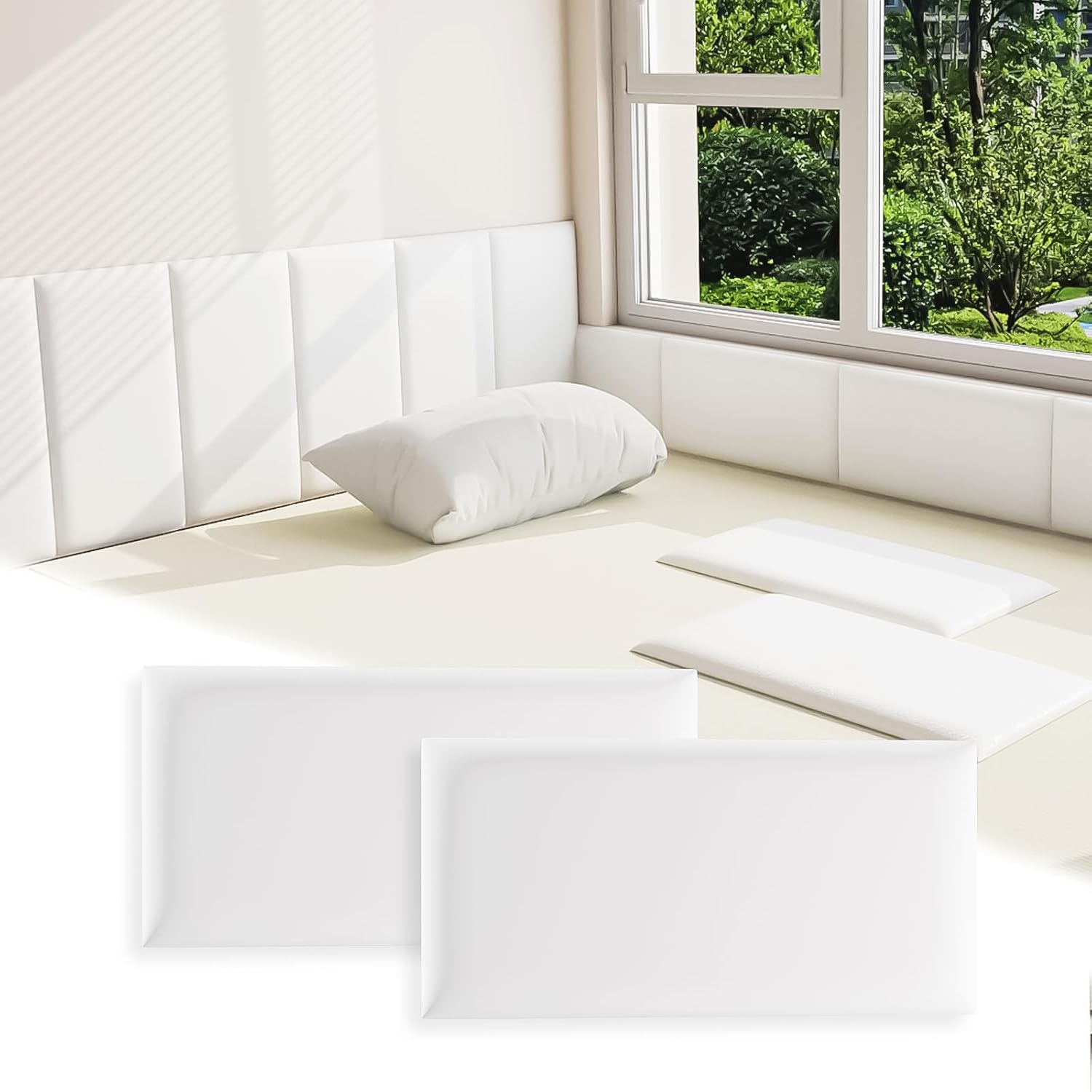 3D Anti-Collision Wall Padding for Kids, White Peel and Stick Headboard Pack of 6 Panels Sized 7.8" x 15.7", Self-Adhesive Panels for Bedroom/Living Room Upholstered Wall 7.8 IN (W) x 15.7 IN (L)-6 Pack White