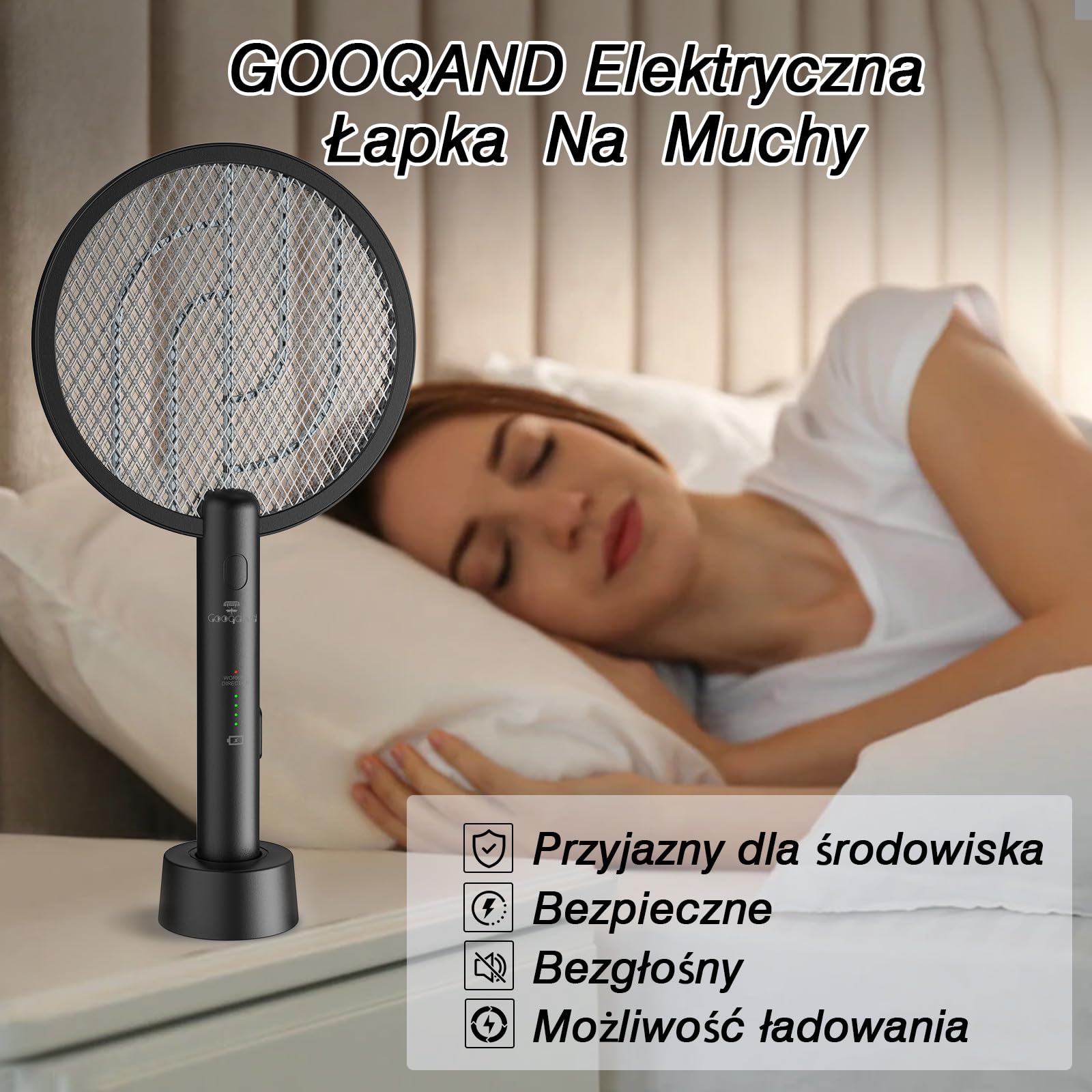 Elektryczna packa na muchy, GooQand 4000V Fly Killer Electronic z rakietą na muchy USB 2 w 1, poręczna packa na komary z 3-warstwową siatką ochronną do biwakowania wewnątrz i na zewnątrz, czarna，2szt