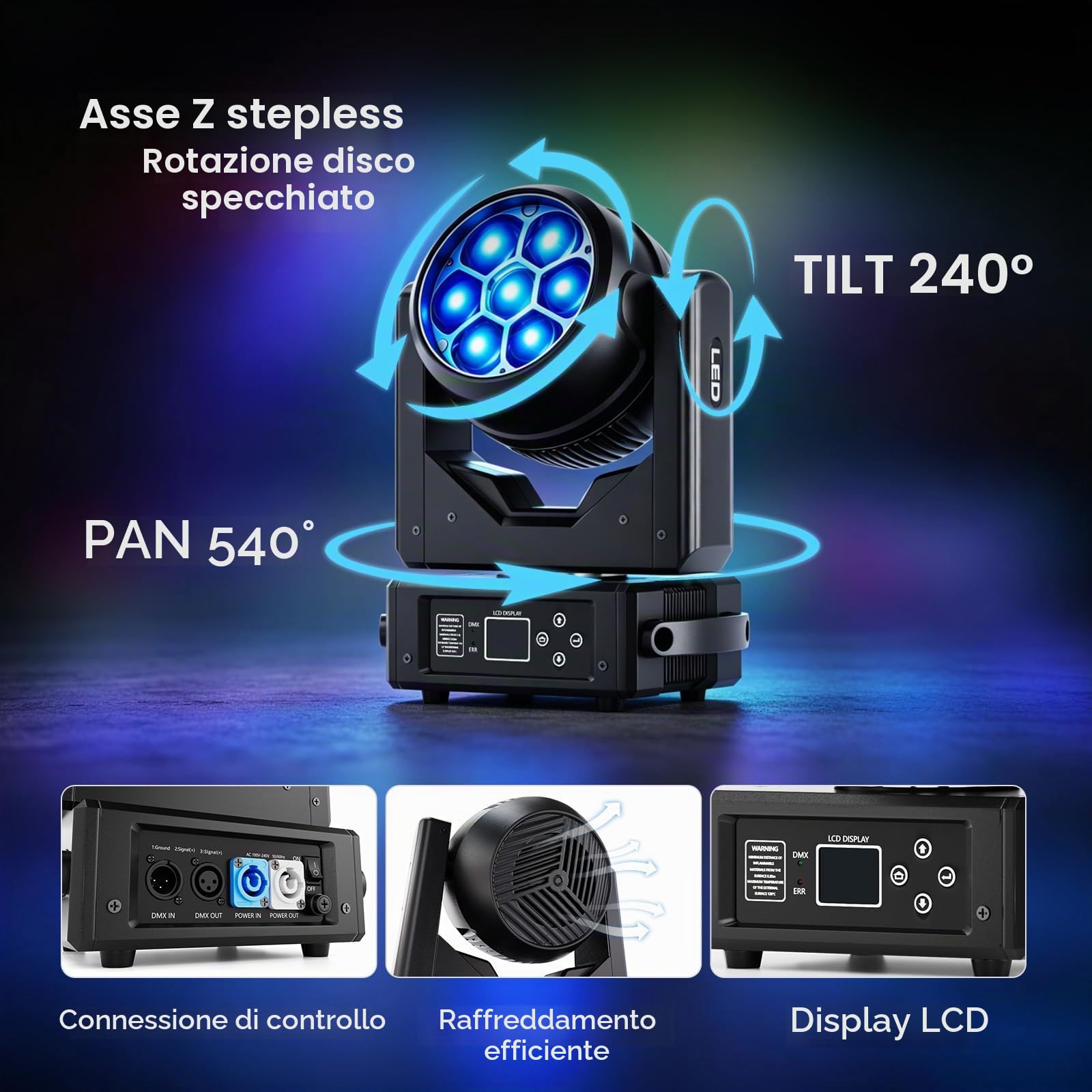 4 PCS 7X40W Testa Mobile LED RGBW,7 LEDs Luce da Palco con DMX512,Modalità Master/Slave,Effetti Wash,Fascio,Vortice,Caleidoscopio,Messa a Fuoco Elettronica,per Bar, Concerti,Festival,Discoteche