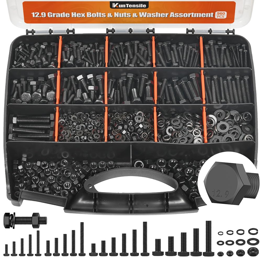 12.9 Grade Bolts and Nuts Assortment, 960pcs M4 M5 M6 M8 Metric Hex Bolt Nut Washer Set, 33 Sizes Heavy Duty Hardware Fastener Kit with Toolbox (12-40mm Length, Black)