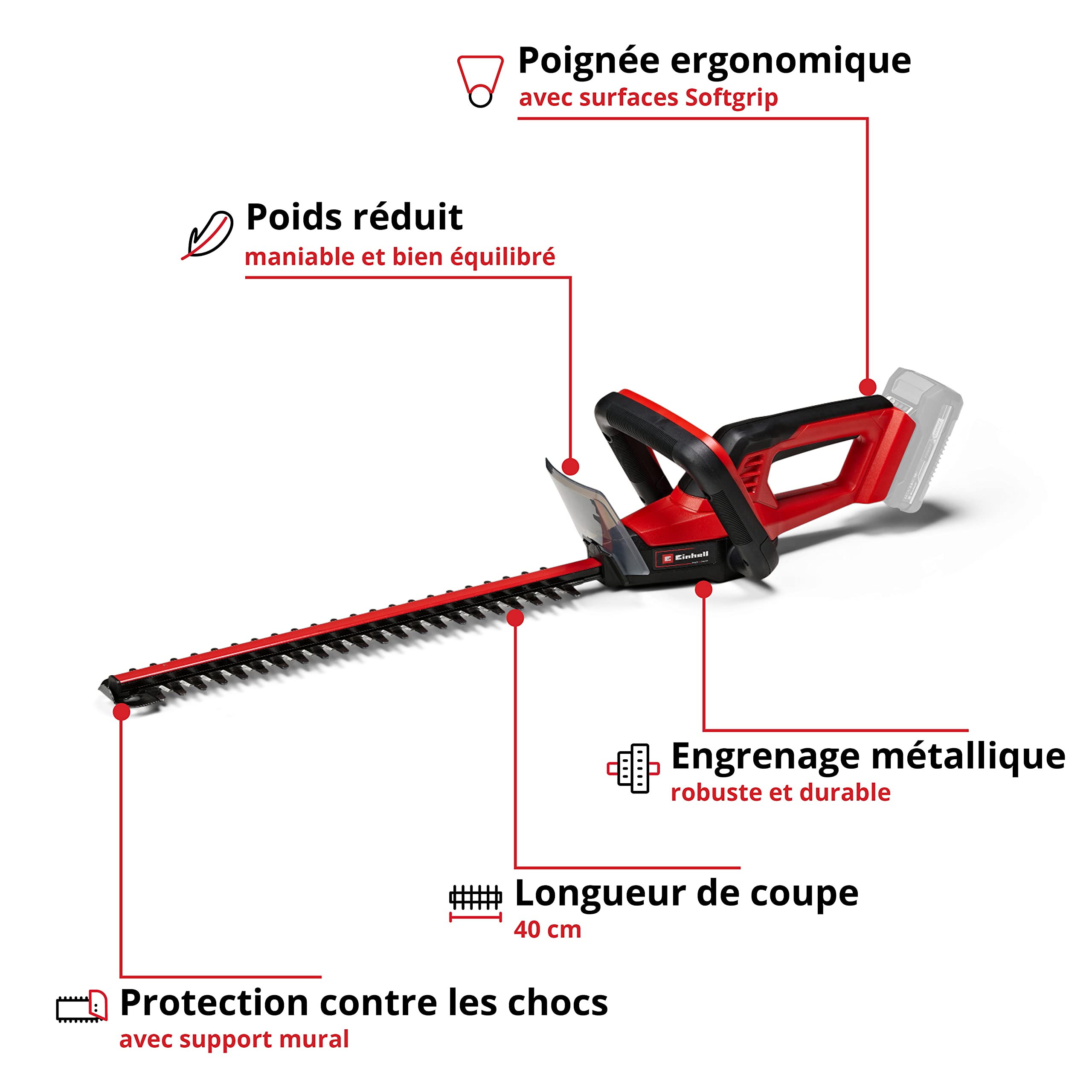 Einhell Taille-haies sans fil GC-CH 18/40 Li Solo Power X-Change (18 V, 40 cm longueur de coupe, 13 mm écartement des dents, poignée ergonomique) avec Chargeur et Batterie 4,0Ah