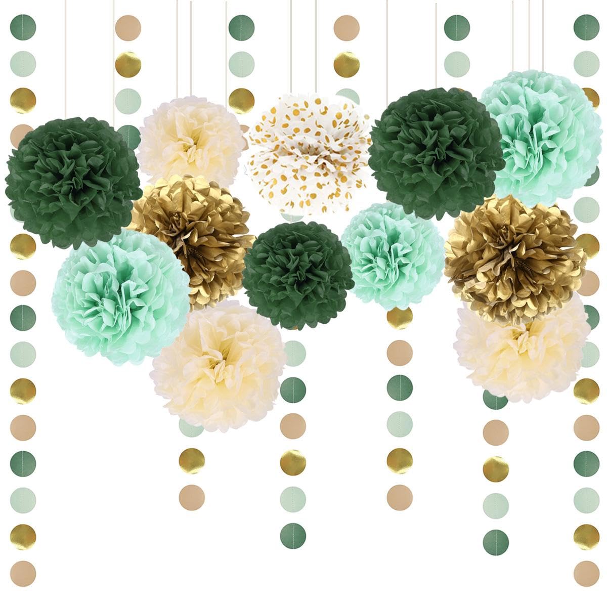 SNOWZAN Pompones de papel de seda, decoración de boda, decoración vintage, decoración de fiesta, pompones de papel, abanicos de papel, coloridos, decoración verde, blanco, dorado, pompones, decoración