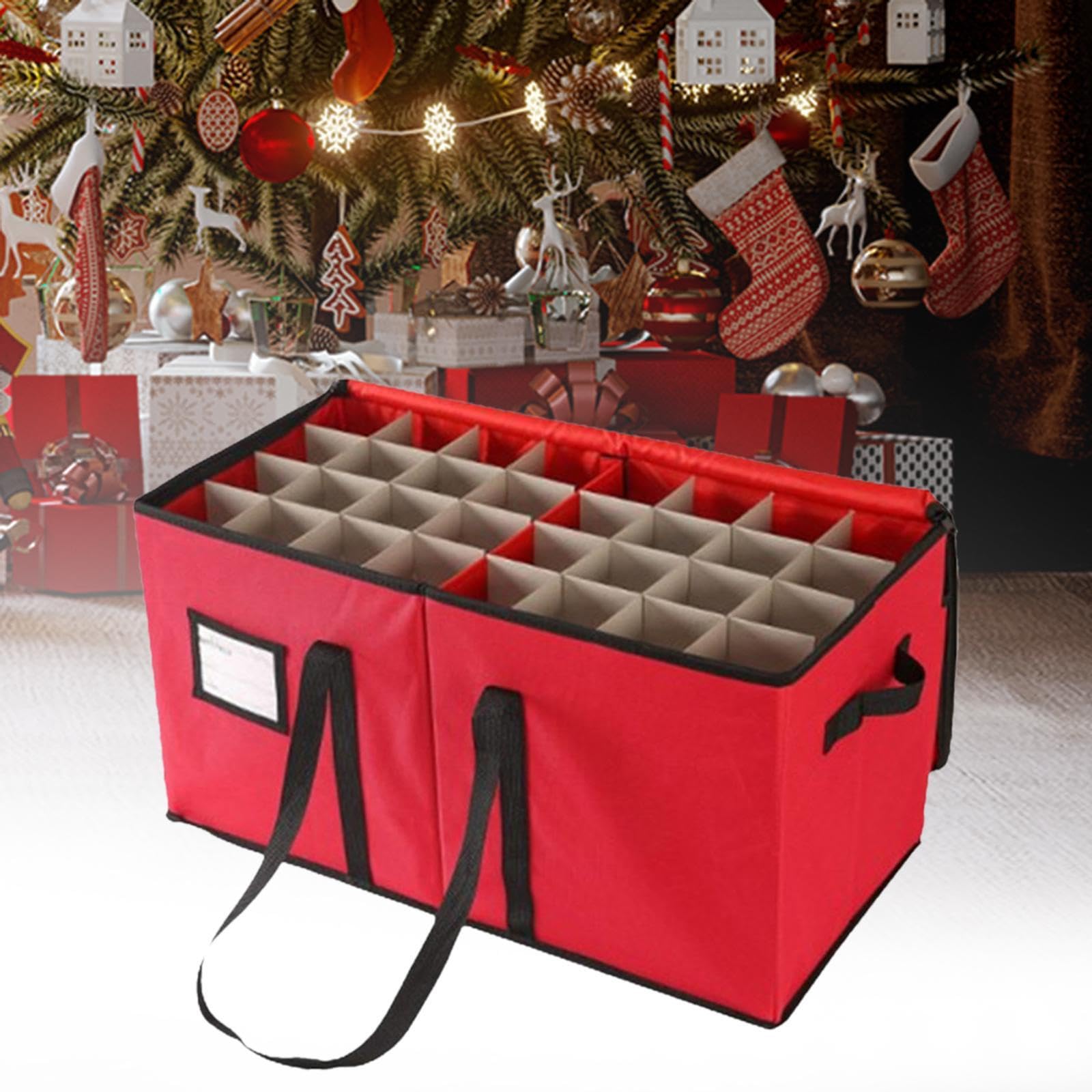 Aufbewahrungsbox für Weihnachtskugeln mit stabilen Griffen und doppeltem Reißverschluss für einfachen Zugriff und sichere Aufbewahrung.