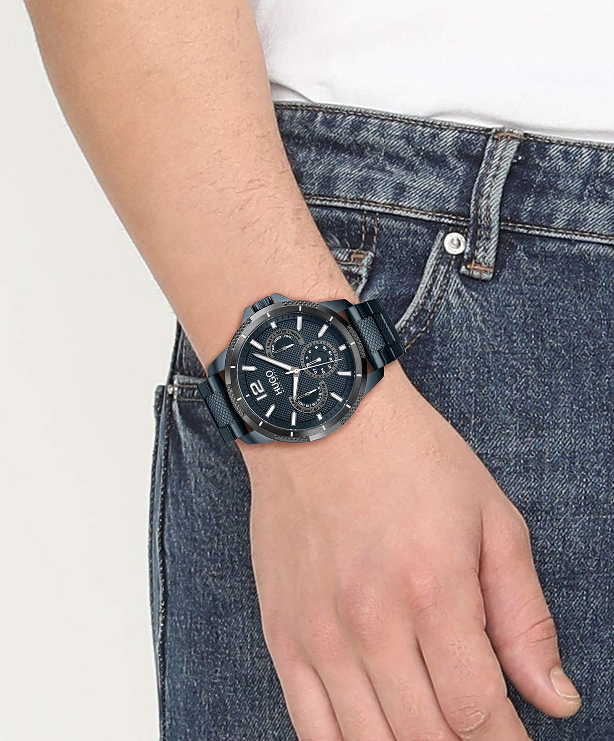 HUGO #Sport Men's Multifunction Stainless Steel and Link Bracelet Casual Watch, Color: Blue (Model: 1530194)