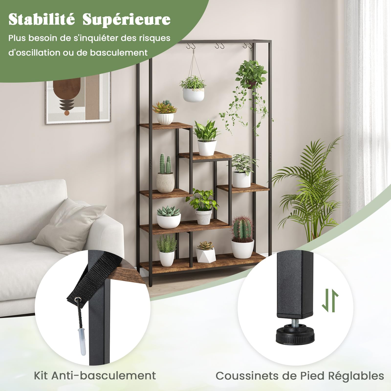 RELAX4LIFE Étagère à Plantes à 6 Niveaux 180 CM avec 10 Crochets Suspendus, Étagère d'Angle Ajustable pour Salon Terrasse Jardin (Noir+Brun)