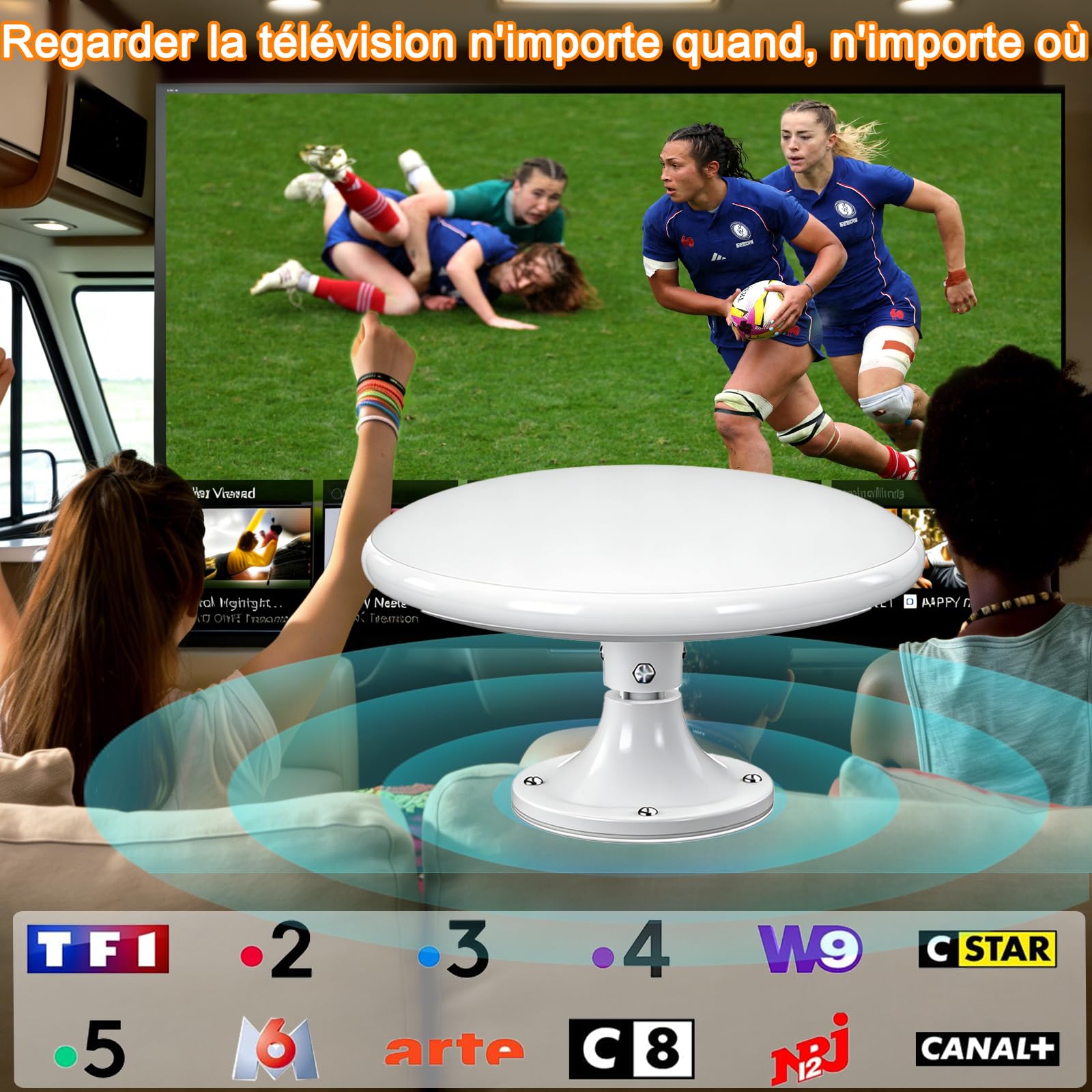 Antenne TV Exterieure/Intérieur Puissante HD 4K, Réception Omnidirectionnelle 360° Antenne TNT Exterieur, pour Camping Car, Caravane, Fourgon, Van, Camion, Bateau-35 FT Câble Coaxial﻿ (Pure White)