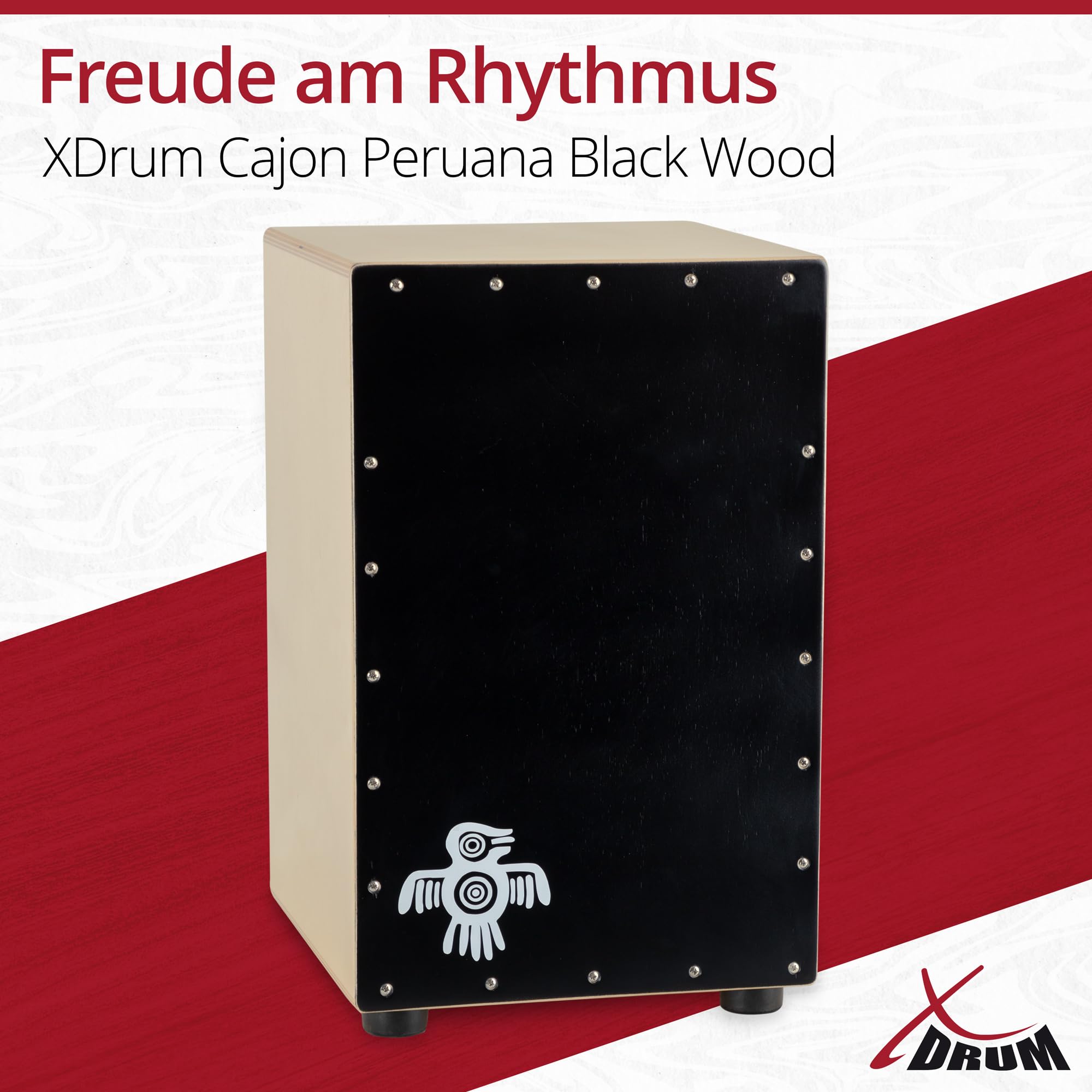XDrum PERC CP-481 Cajon Peruana Black Wood Set (Set inkl. Cajon mit Birken-Korpus & Snareeffekt, passende Rucksack-Tasche für sicheren Transport & Aufbewahrung und Cajonschule für Einsteiger)