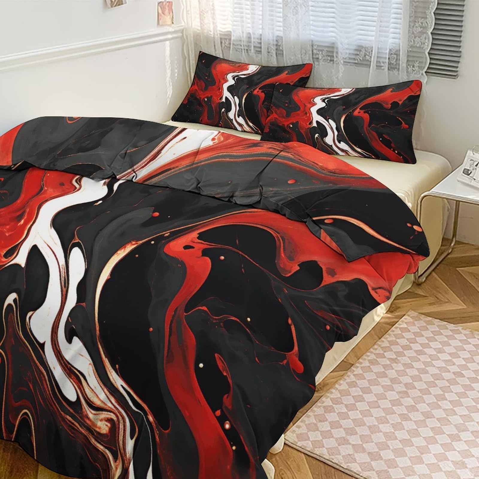 Housse de couette ultra douce respirante parure de lit marbre noir et rouge