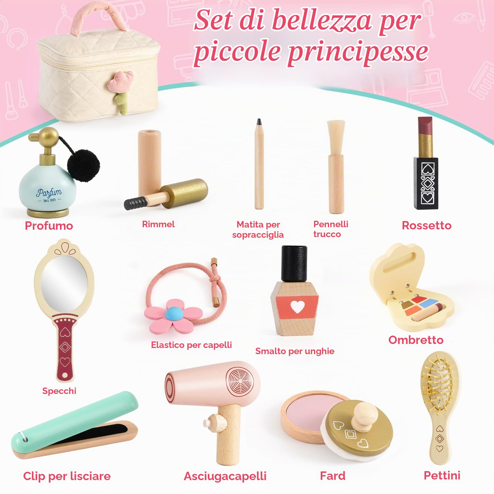 Atoylink Trucchi Bambina in Legno 3 4 5 6 Anni, Finti Trucchi Set con Set Parrucchiera Bambina Trousse Trucchi Giocattoli Giochi Legno Regalo per Bambini Ragazza 3 4 5 6 7 Anni