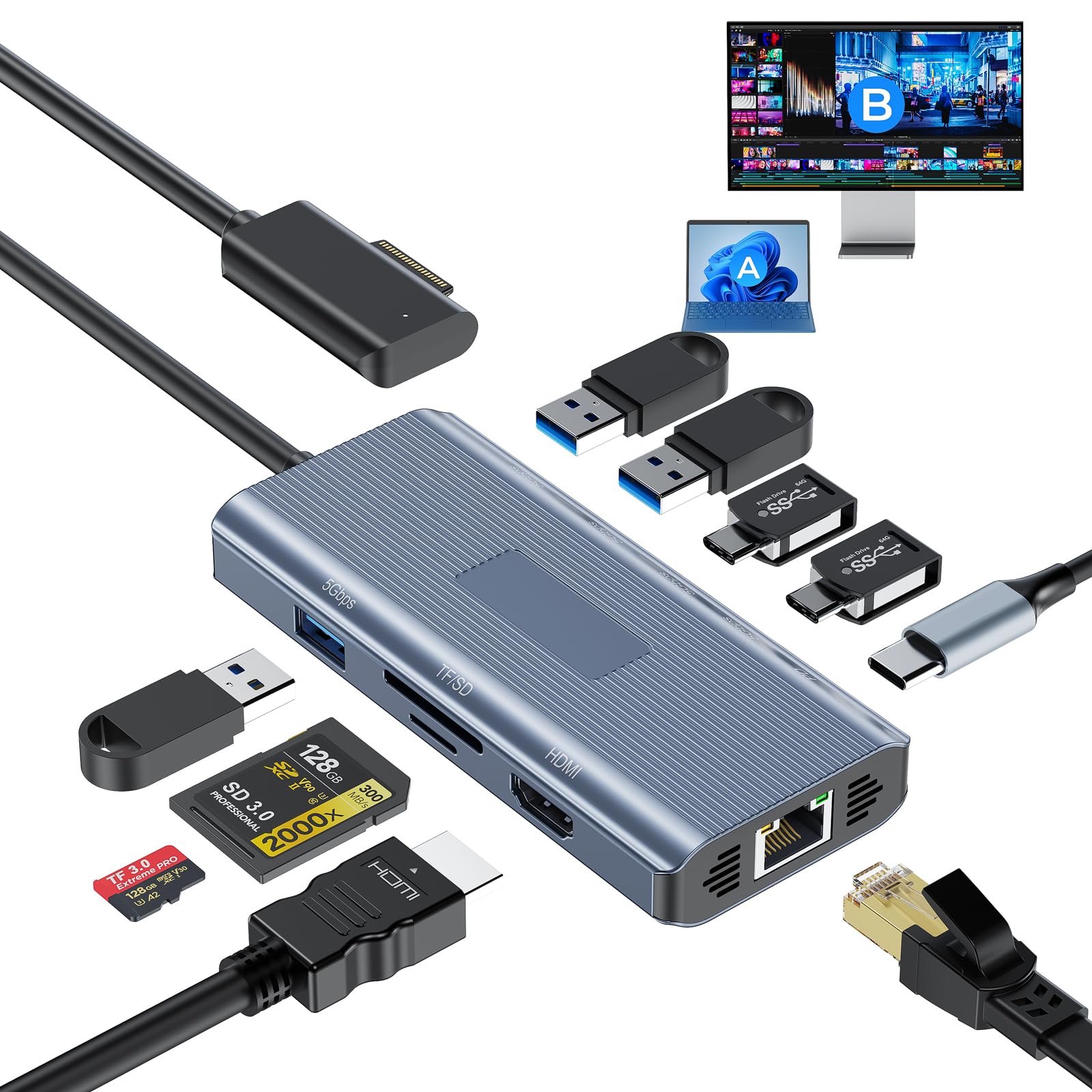 Nouvelle station d'accueil Surface, station d'accueil 11 en 1 MS avec 4K @ 60 Hz HDMI, hub de surface portable pour Surface Pro 11/10/9/8/X/7/6/5/4/3, Surface Laptop 6/5/4/3/2/1, Laptop Go 3/2/1