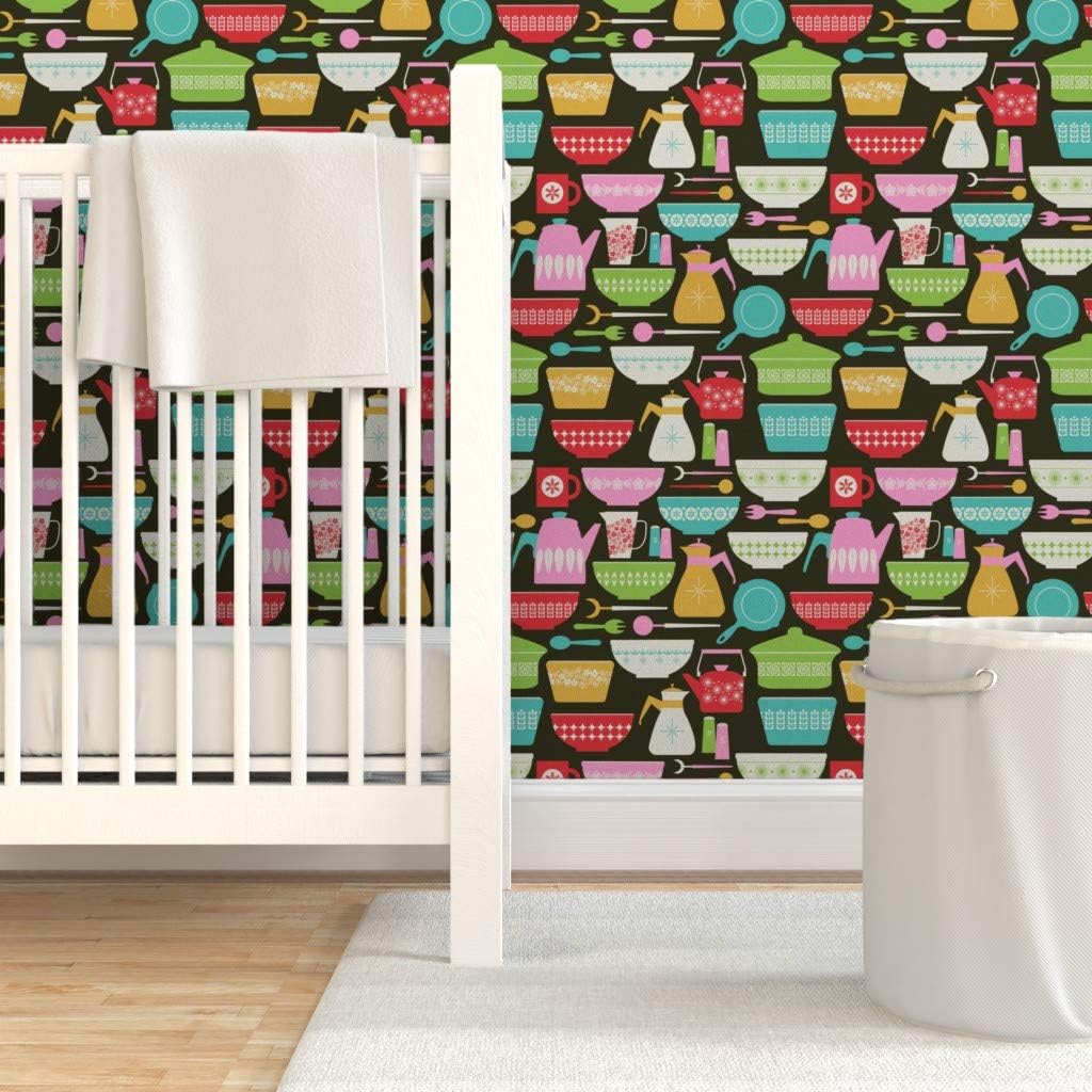 Peel & Stick Wallpaper 3ft x 2ft - Vintage Kitchen Bright Pink Green Blue Red Retro 1950S Custom Removable Wallpaper by Spoonflower