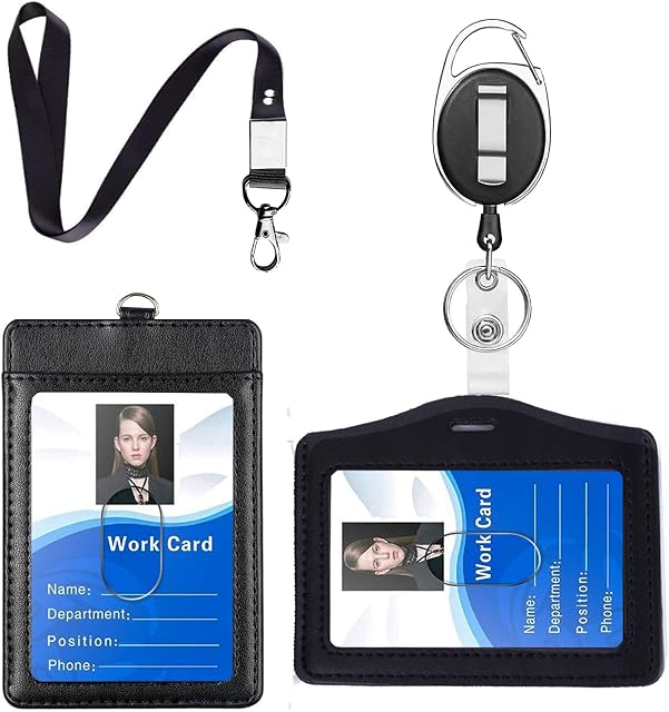 Badge Holder Lanyard Set,Genuine Leather ID Card Holder with Lanyard Retractable, 4 Piece Set Double Sided ID Badge Holder - Black (1 Horizontal & 1 Vertical)