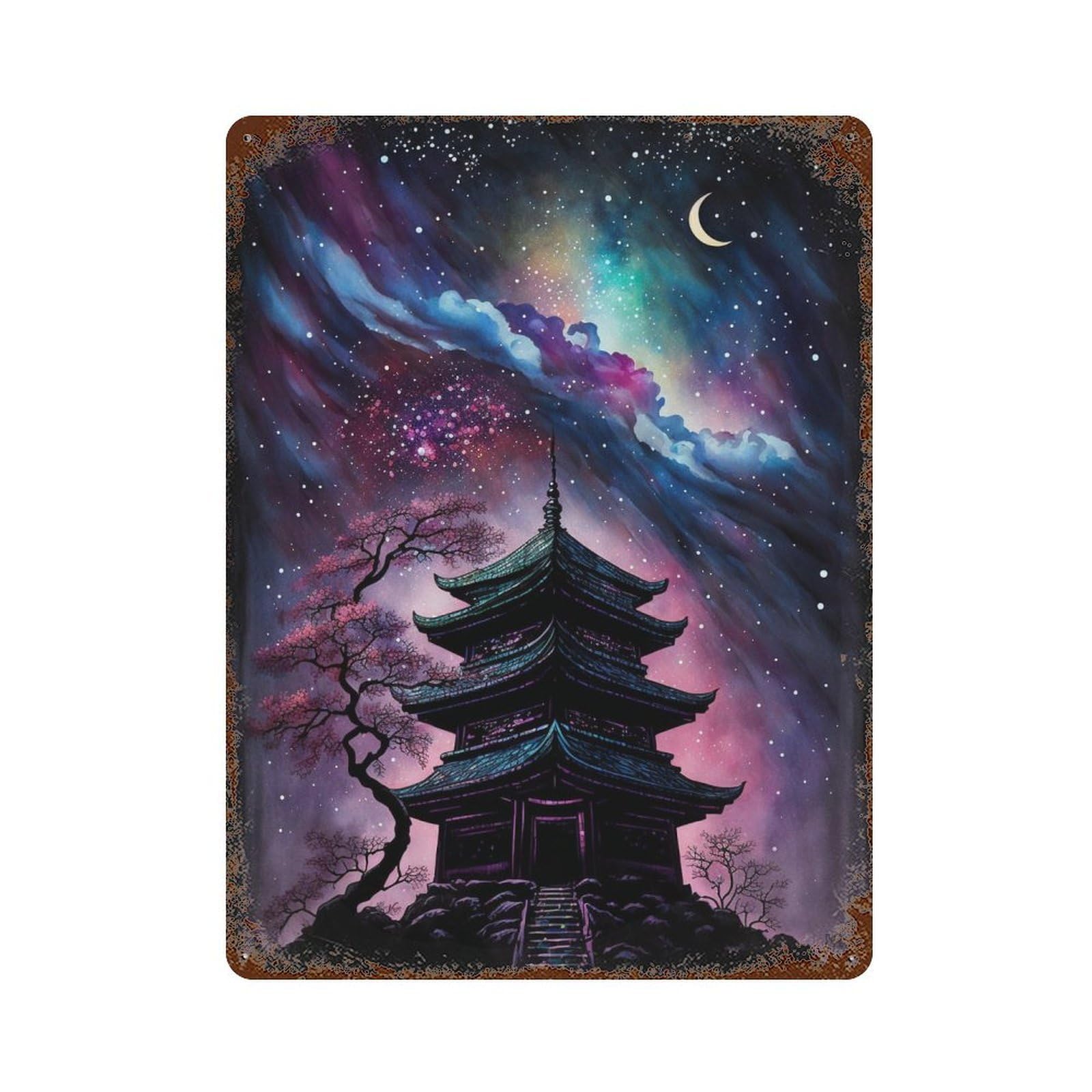 Japanese Pagoda Night Sky Art Print Rusty Metal Tin Sign 15.7"x11.8", Vintage Wall Decor for Garage, Pub Or Kitchen