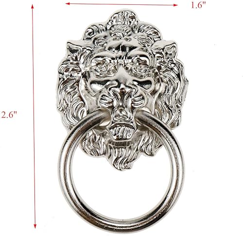 Miniatura 4 de Tirador de perilla de cabeza de león para cajón de armario de tocador, estilo retro, plateado, 1.6 x 2.6 pulgadas, 10 unidades