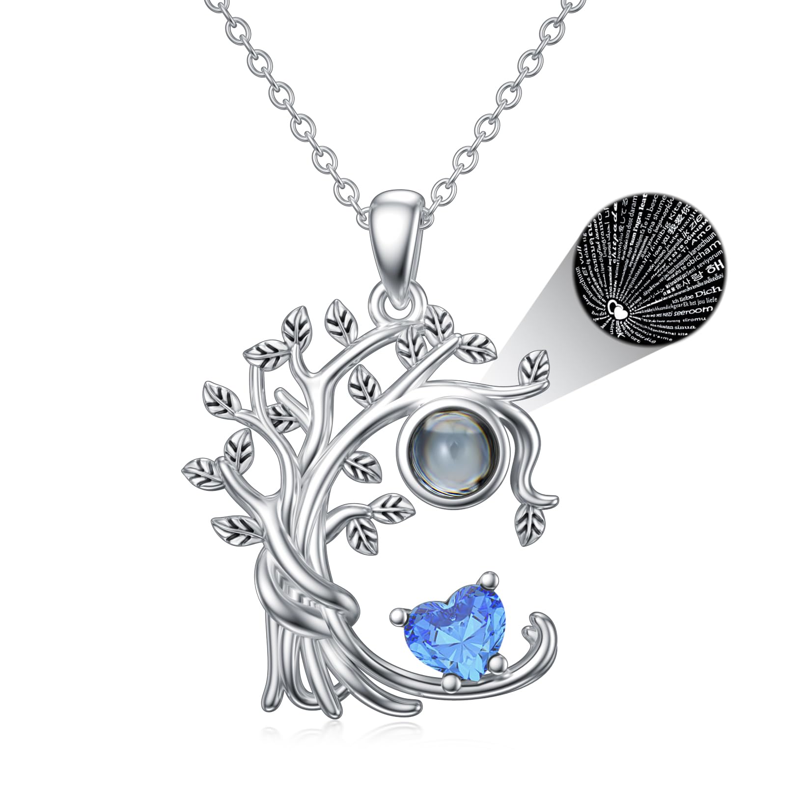 Dorunmo Custom Photo Projection Necklace 925 Sterling Silver, Personalized Tree of Life Pendant with 12 Months Birthstone, I Love You 100 Languages
