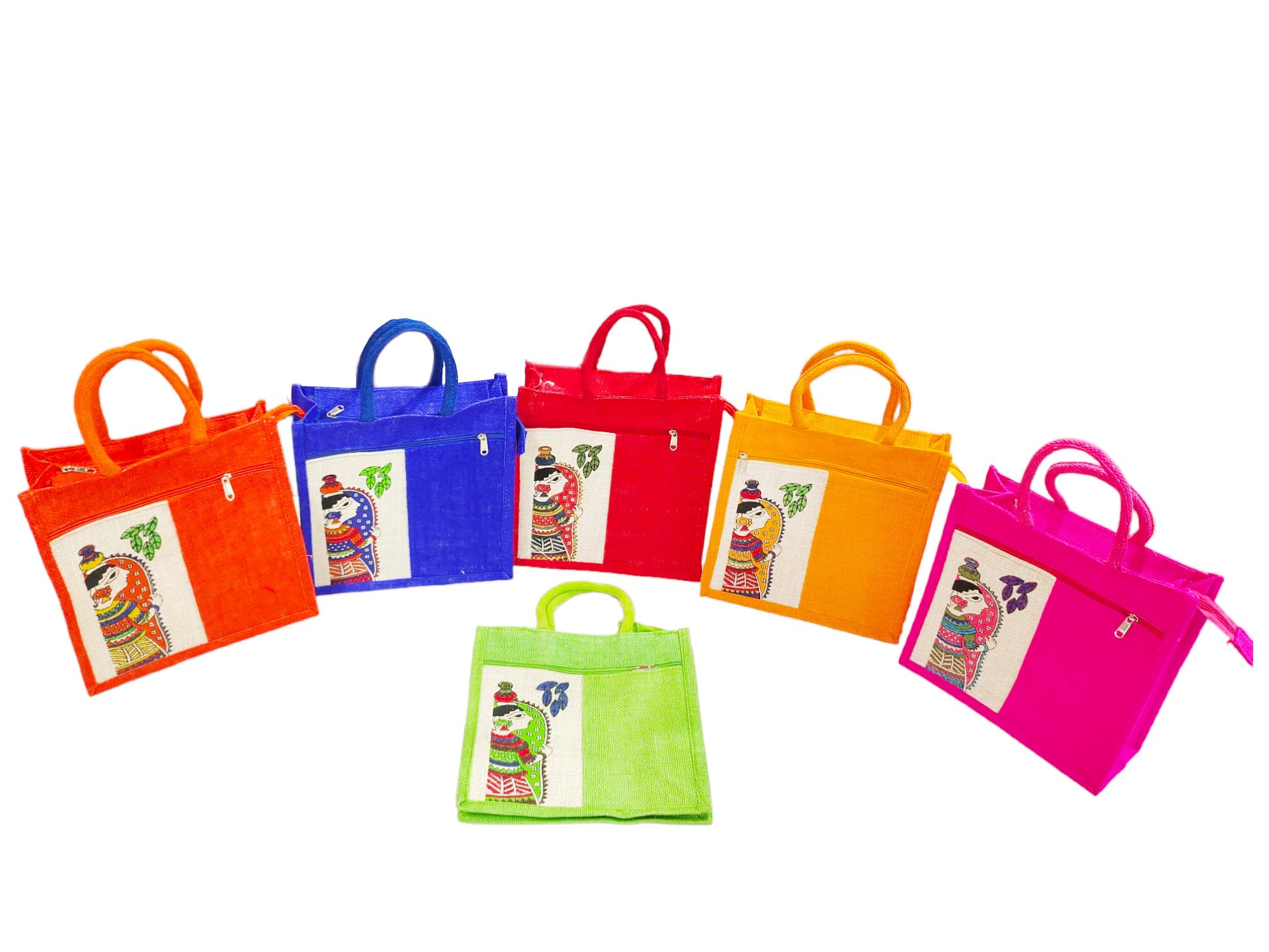 Anumala®Jute Bags with MadhuBaani Print for Daily use| Tote Bag with Two Pockets ǀ Lunch Bag ǀ Multipurpose Bag ǀ Reusable | Grocery |Return Gift | Multicolor (11x11x5) inches (Multi_Pack_Of_54pcs)
