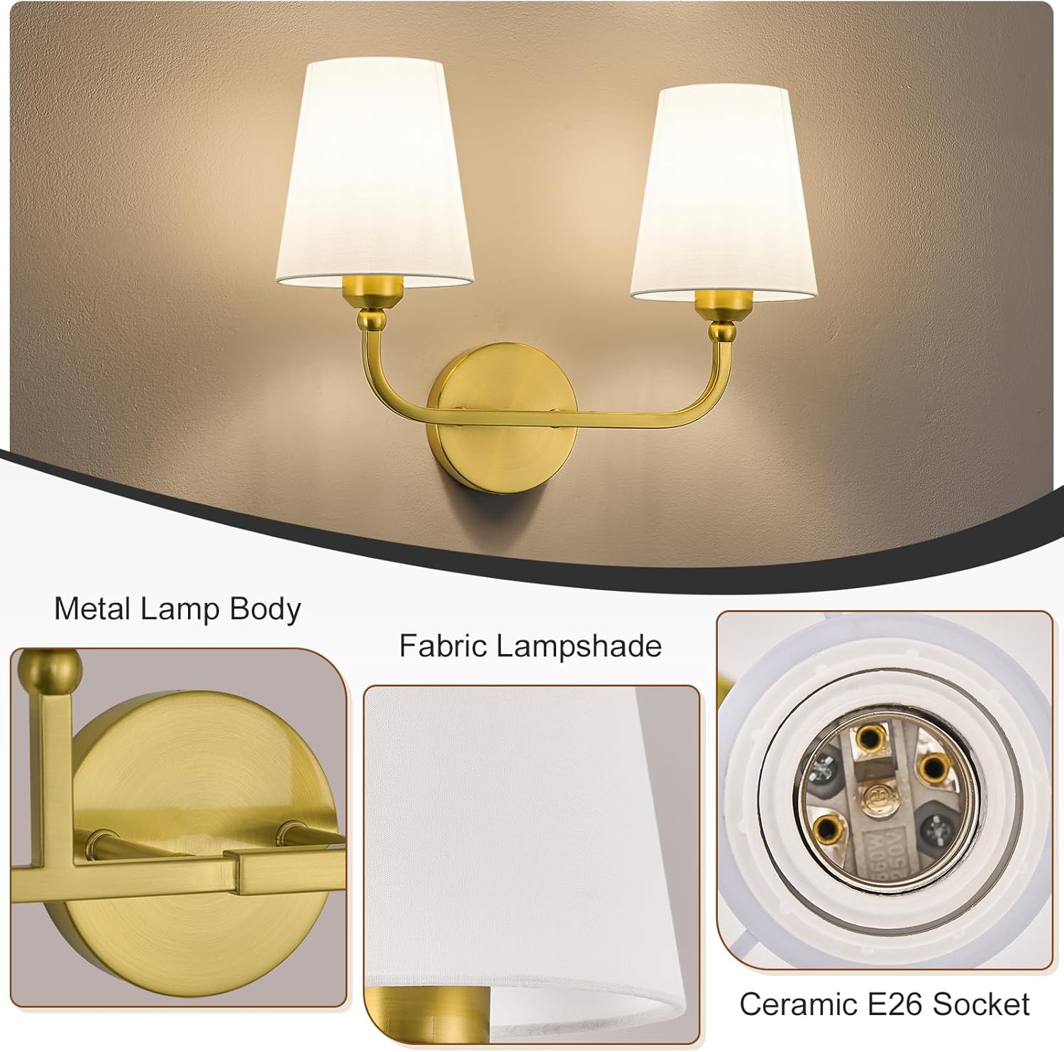 Bathroom Vanity Light, Brushed Gold Bathroom Light Fixtures, 2-Light Lighting Fixtures Over Mirror, Modern Wall Sconce with Flared White Fabric Shade, E26 Socket(ETL Listed)