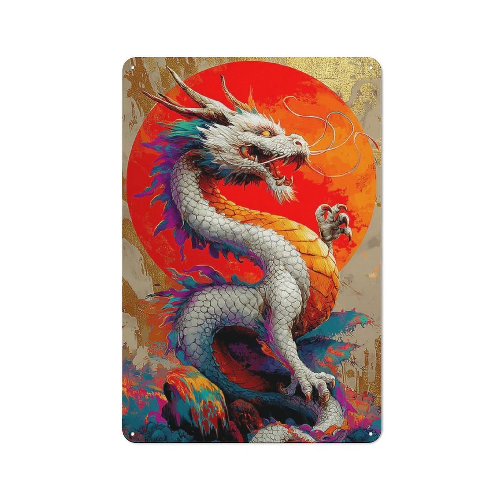 Junmoney Colorful Dragon Sunset Artwork Metal Wall Sign 30X20cm Featuring For Garage Or Workshop, For Garage, Workshop And Man Cave Decoration