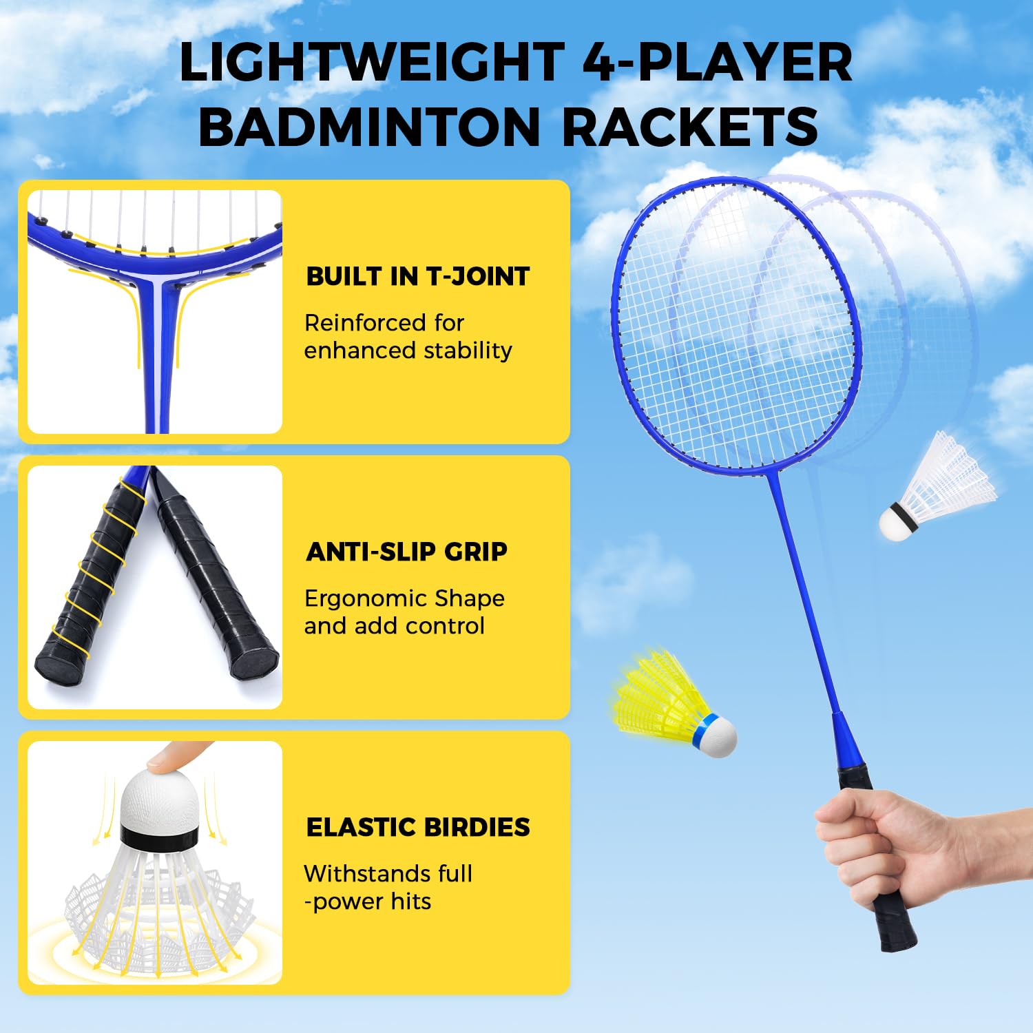 BAGAIL Professionelles Badmintonnetz-Set, TurnierschANDARD 6,1m x 1,55m, Allwettertauglich PE-Netz, 5-Minuten-Montage, Mit 4 Schlägern, 3 Schittern und Tragetasche