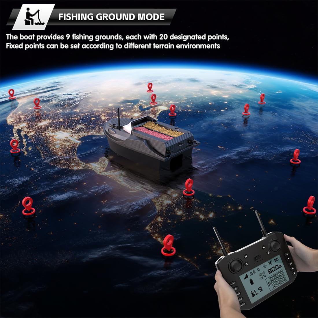 V080 RC przynęta z nawigacją GPS, 12 V, przełączane pojedyncze/podwójne zbiorniki, zasięg 800 m, 9 stref wędkarskich i 180 punktów trasowych, idealna do wędkowania rzecznego, jeziora i morza