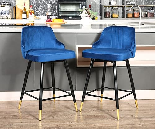 Nopurs Juego de 2 taburetes de bar giratorios de terciopelo, sillas de bar de altura de mostrador con respaldo bajo y barra de pie para cocina,