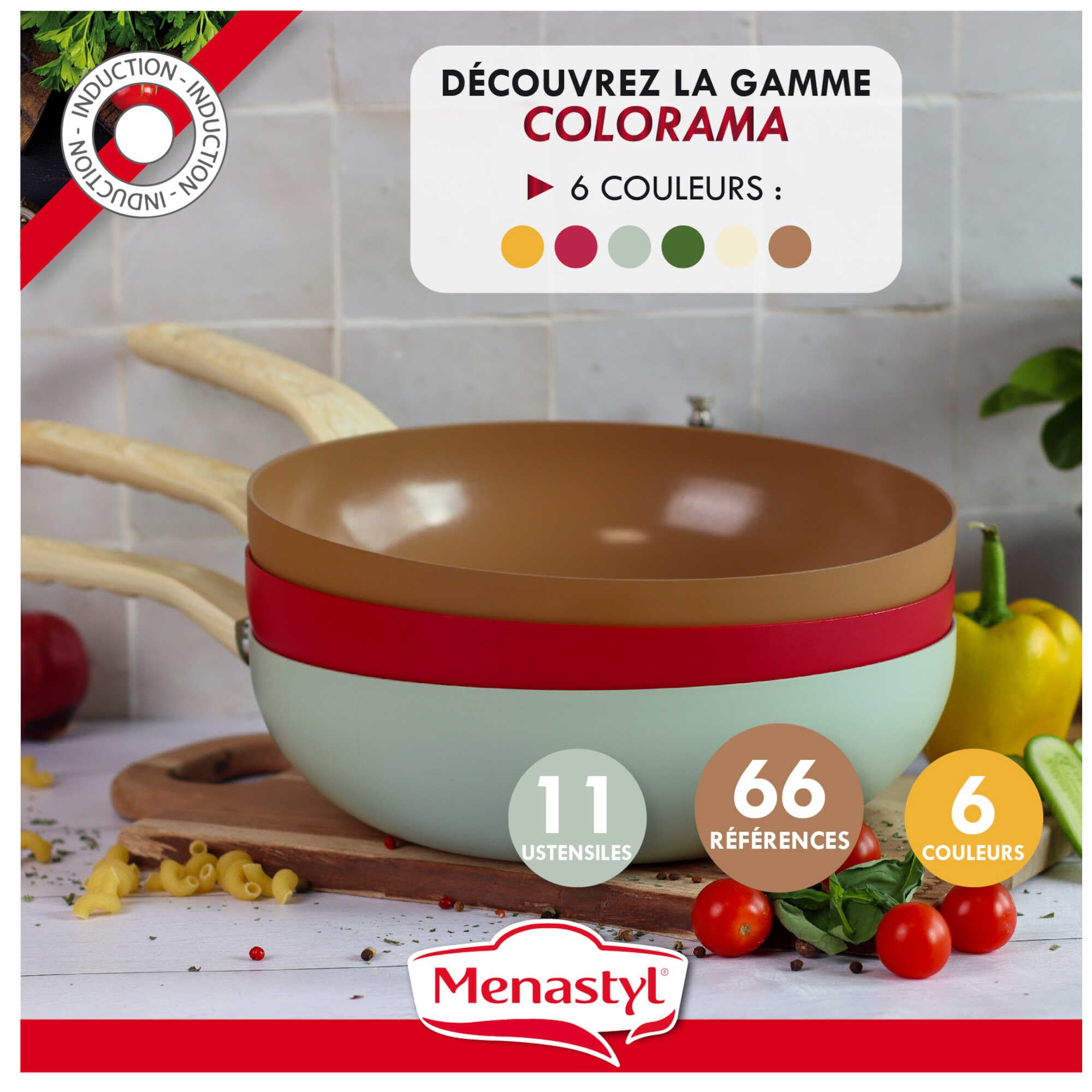 Poele Wok Wok MENASTYL 28cm Colorama Olive - Antiadhésif Céramique