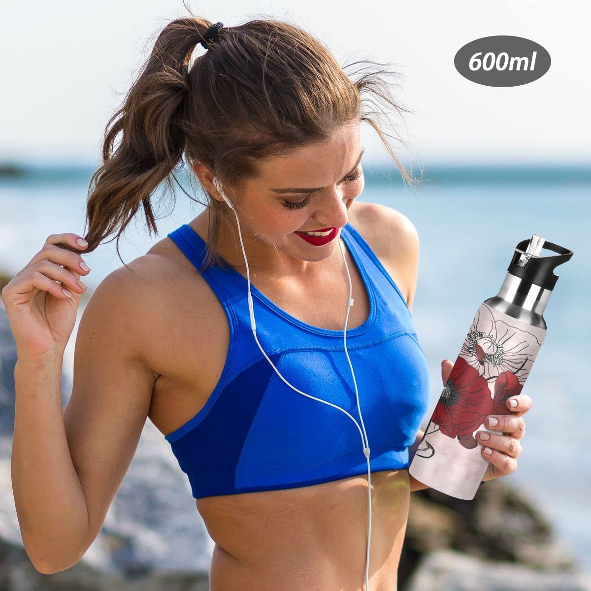 Edelstahl Wasserflasche mit Strohhalm, Mohnblumen mit Schmetterlingen Isolierte Trinkflasche Sport Wasserflasche für Kinder Erwachsene, auslaufsicher, 1L