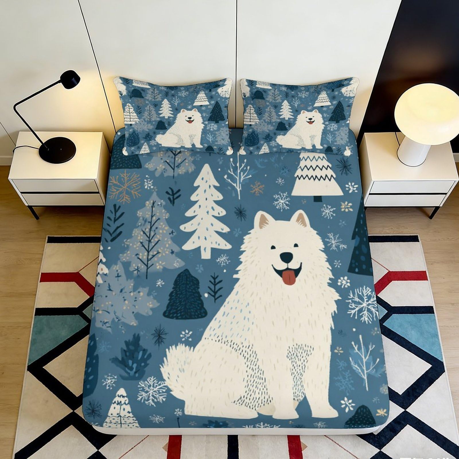 3D Printed White Samoyed Dog Fitted Sheet Microfiber Soft Washable Winter Forest Mattress Cover for Bedroom Guest Room Decor 90x200x25cm