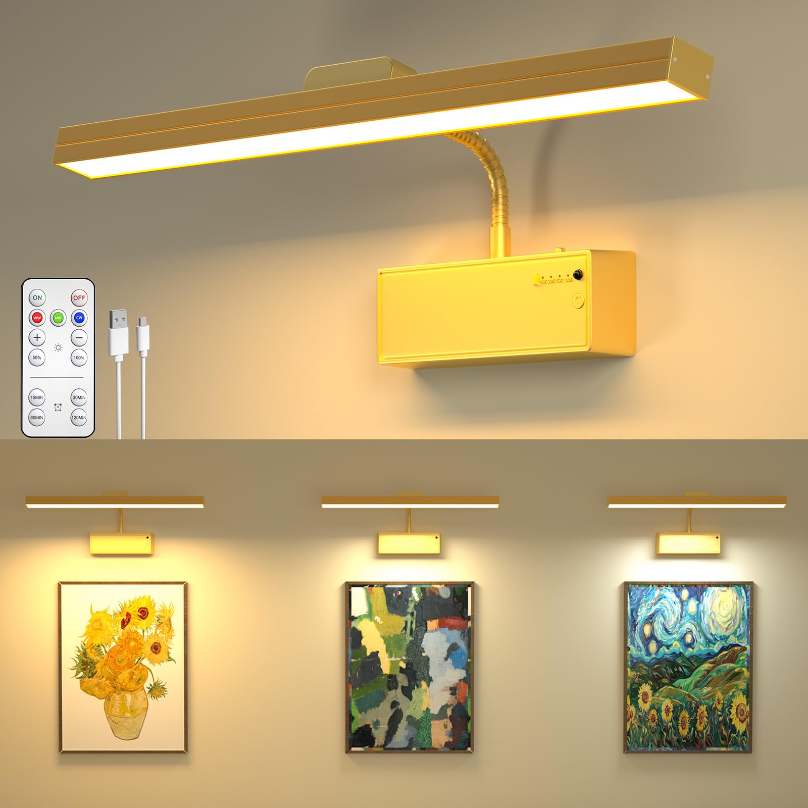 Rechargeable Picture Lights for Wall, 3000mAh Battery Operated Picture Light with Remote & Timer, Dimmable LED Dartboard Light,3 Colour Temps, Gold Wall Lights for Pictures Dart Board Mirrors Gallery